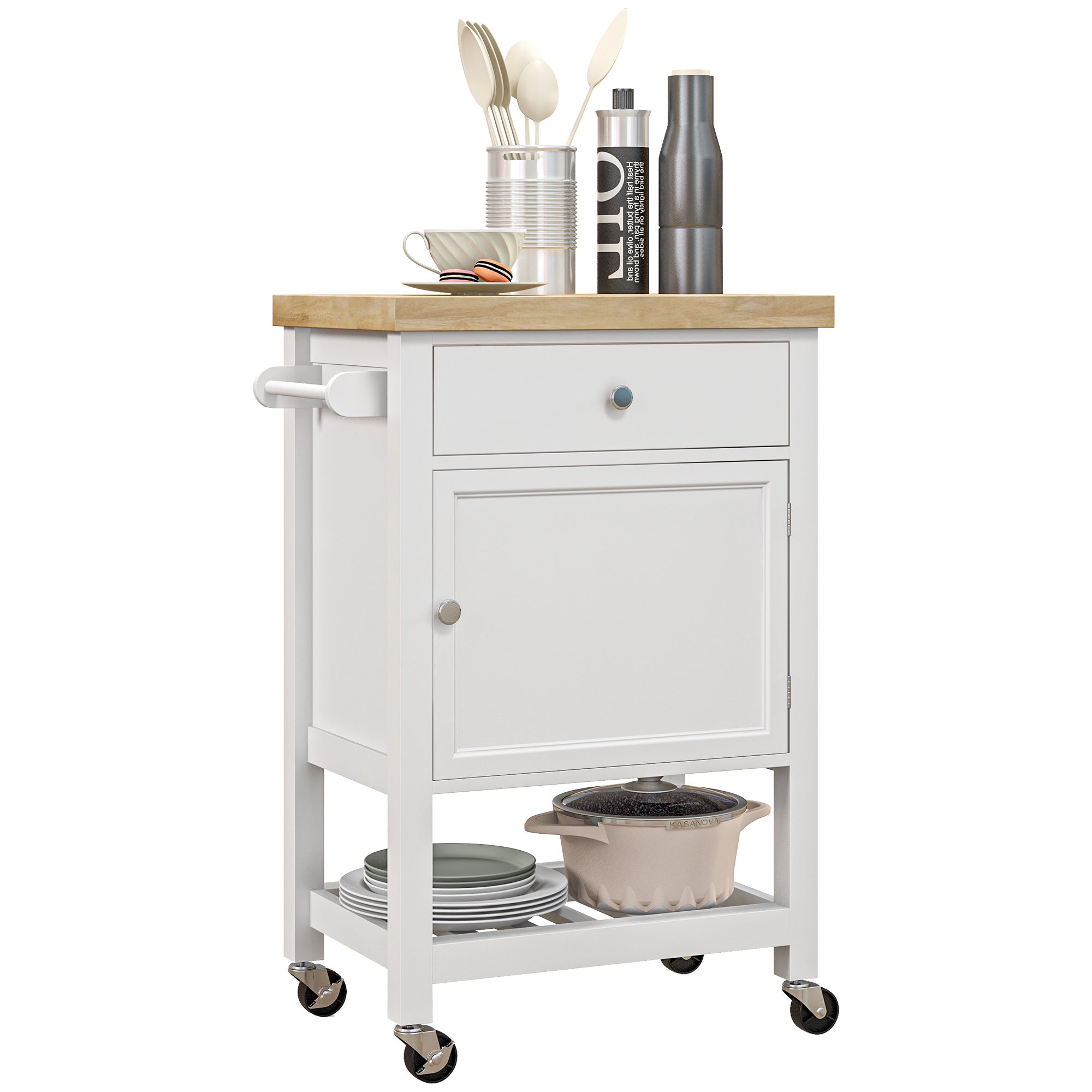 HOMCOM Rolling Kitchen Island Cart with Wood Top, Butcher Block Kitchen Cart on Wheels with Drawer, Storage Cabinet and Towel Rack, White