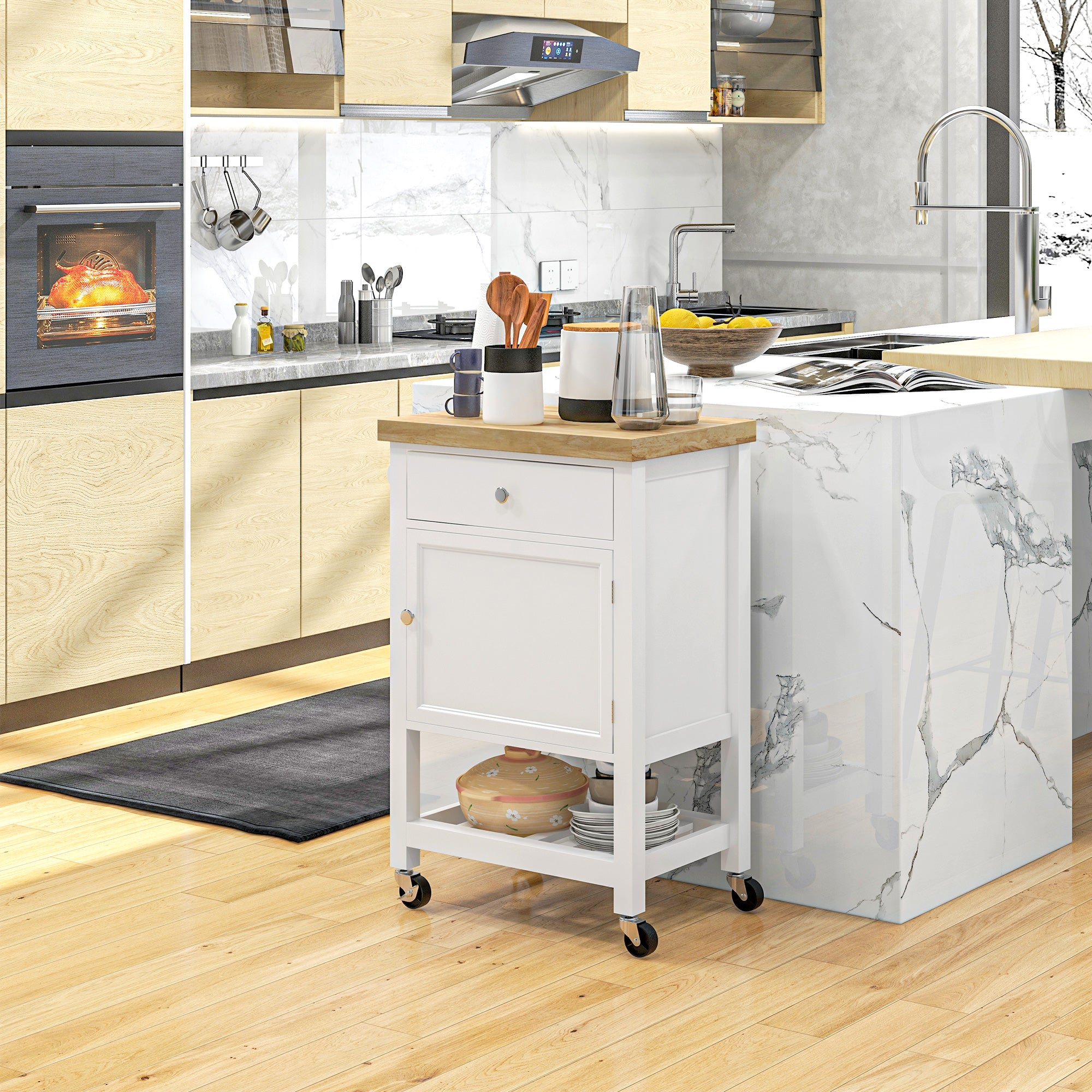 HOMCOM Rolling Kitchen Island Cart with Wood Top, Butcher Block Kitchen Cart on Wheels with Drawer, Storage Cabinet and Towel Rack, White