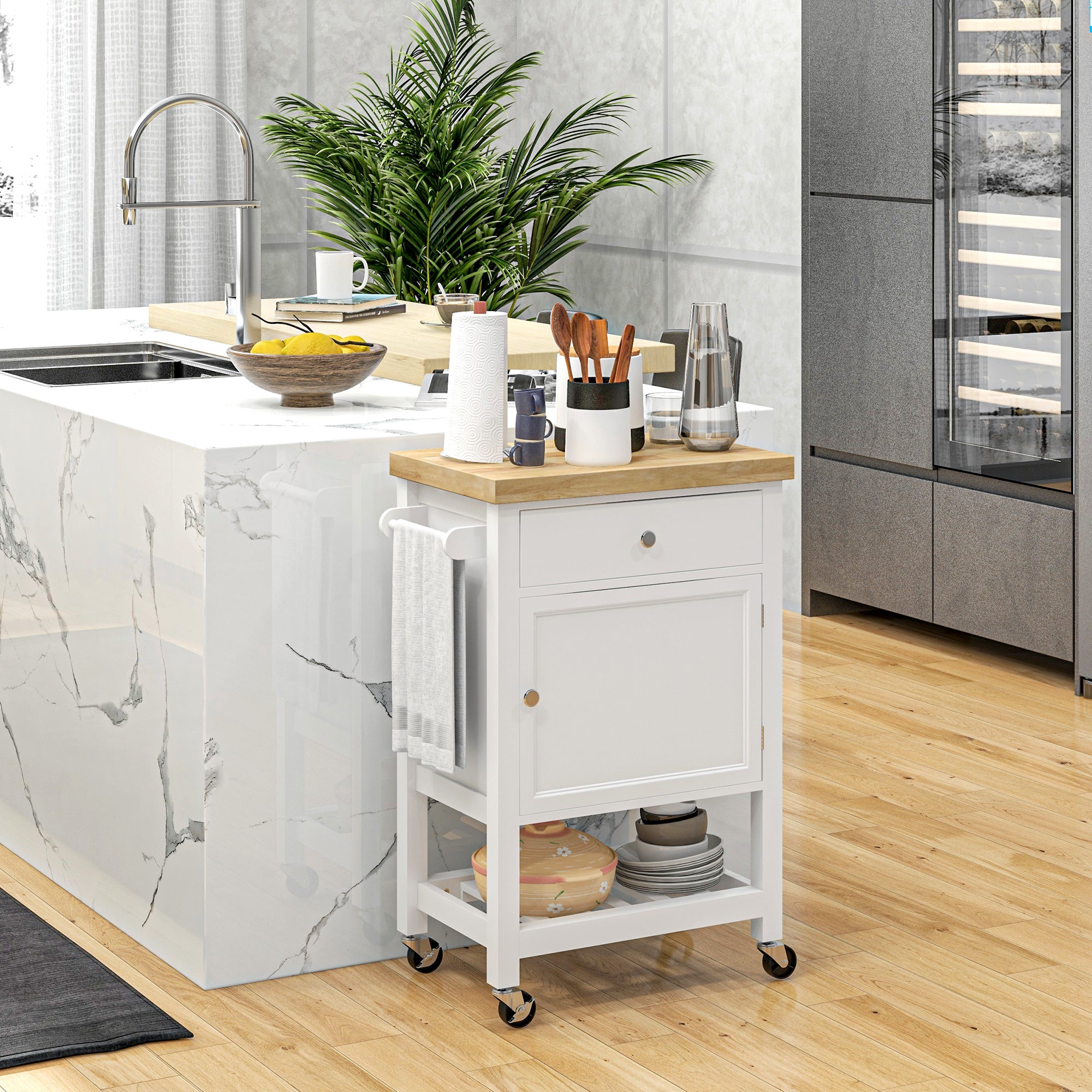 HOMCOM Rolling Kitchen Island Cart with Wood Top, Butcher Block Kitchen Cart on Wheels with Drawer, Storage Cabinet and Towel Rack, White