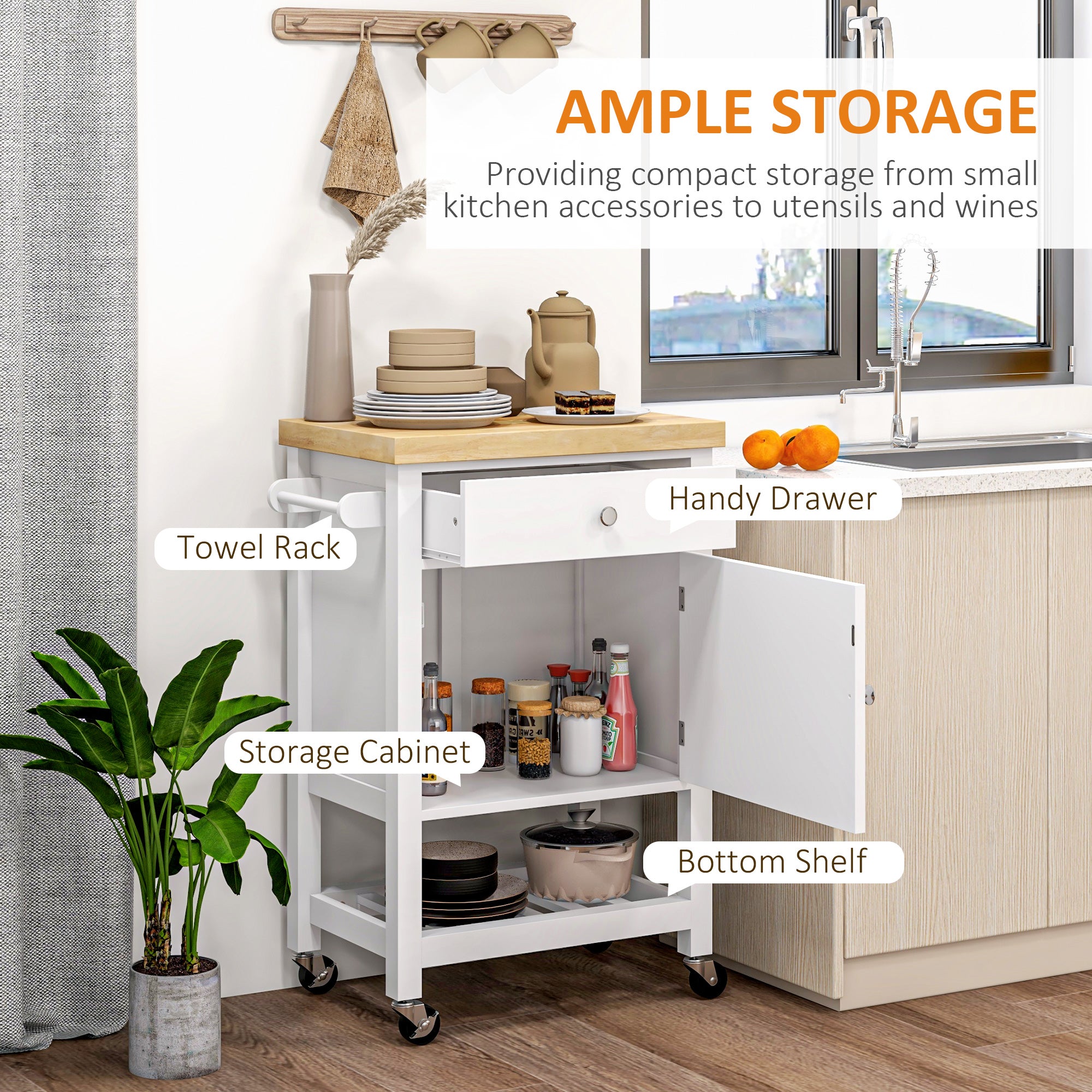 HOMCOM Rolling Kitchen Island Cart with Wood Top, Butcher Block Kitchen Cart on Wheels with Drawer, Storage Cabinet and Towel Rack, White