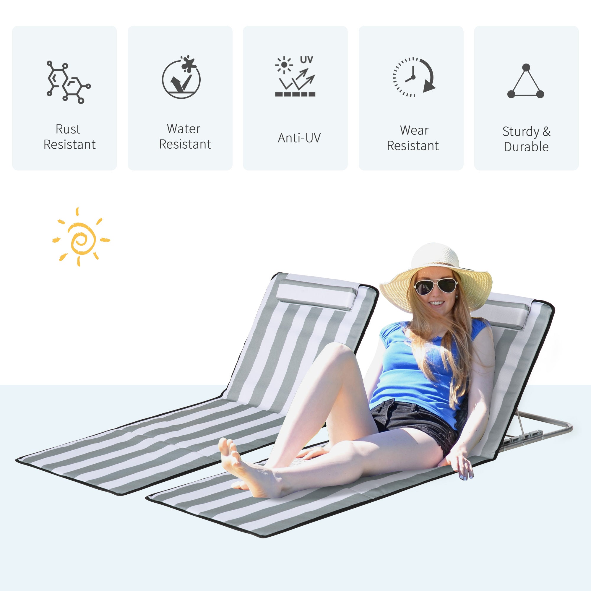 Outsunny 2 Pieces Outdoor Beach Lounge Chair, Patio Steel Folding Chaise Lounge Set w/ Pillow for Sunbath, Snap, Light Grey and White