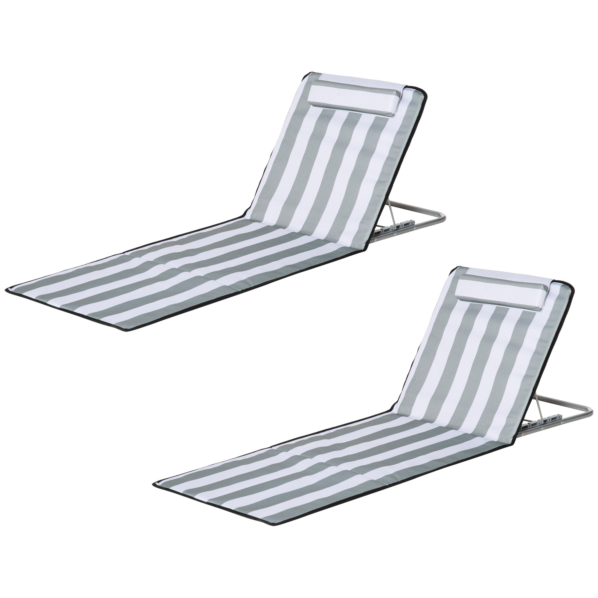 Outsunny 2 Pieces Outdoor Beach Lounge Chair, Patio Steel Folding Chaise Lounge Set w/ Pillow for Sunbath, Snap, Light Grey and White