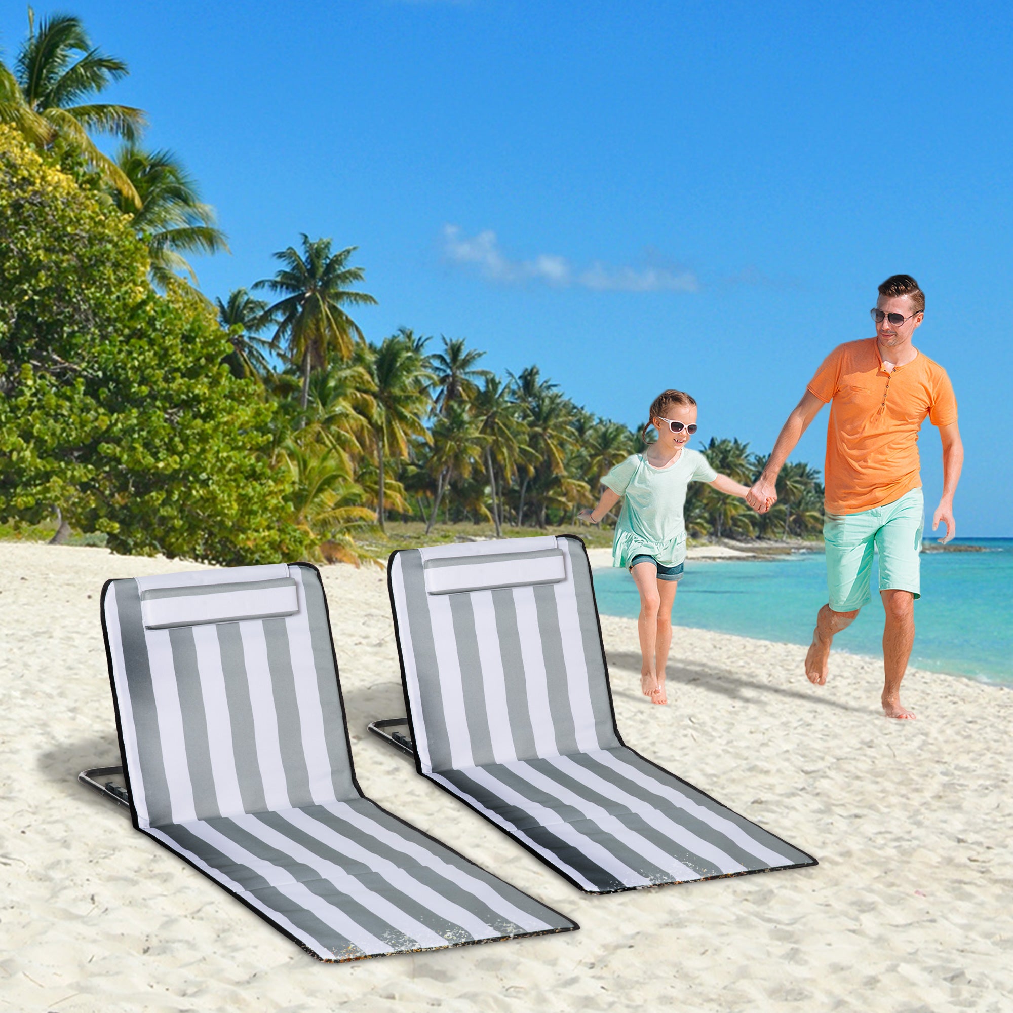 Outsunny 2 Pieces Outdoor Beach Lounge Chair, Patio Steel Folding Chaise Lounge Set w/ Pillow for Sunbath, Snap, Light Grey and White