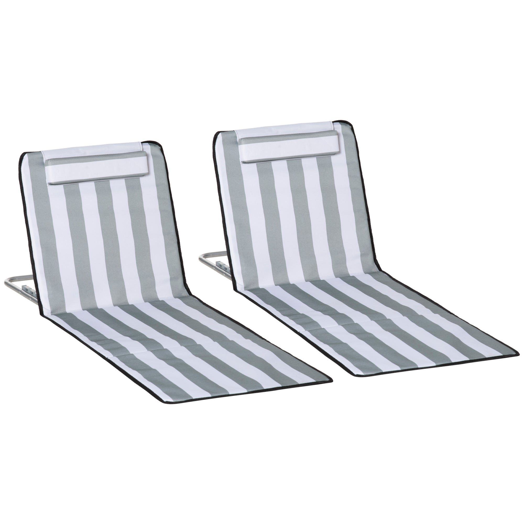 Outsunny 2 Pieces Outdoor Beach Lounge Chair, Patio Steel Folding Chaise Lounge Set w/ Pillow for Sunbath, Snap, Light Grey and White