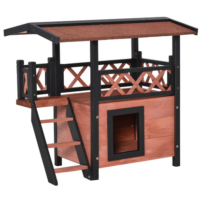 PawHut Wooden Cat House Outdoor Luxury Room Weatherproof Shelter with Balcony and Stair Puppy Garden Large Kennel Brown