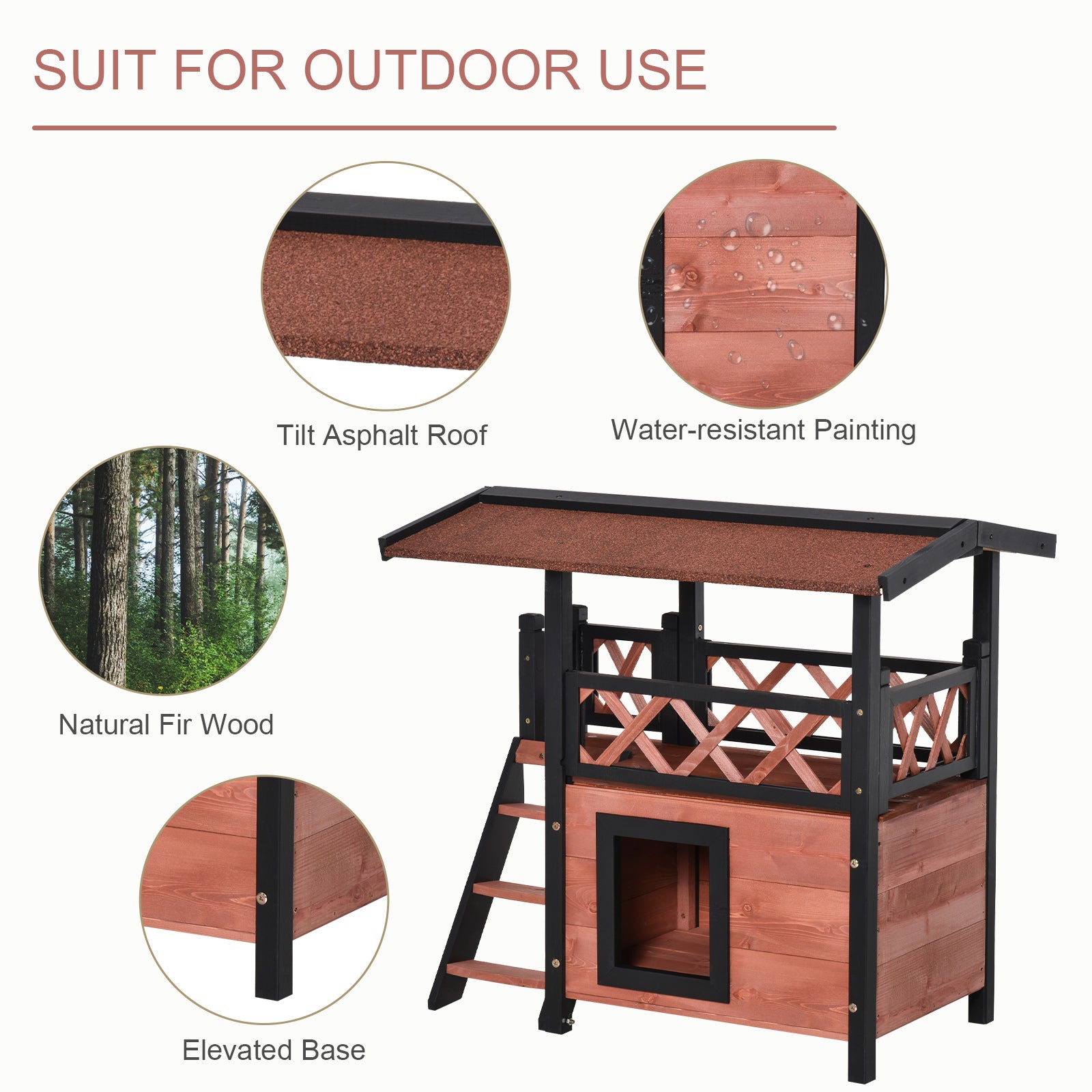 PawHut Wooden Cat House Outdoor Luxury Room Weatherproof Shelter with Balcony and Stair Puppy Garden Large Kennel Brown