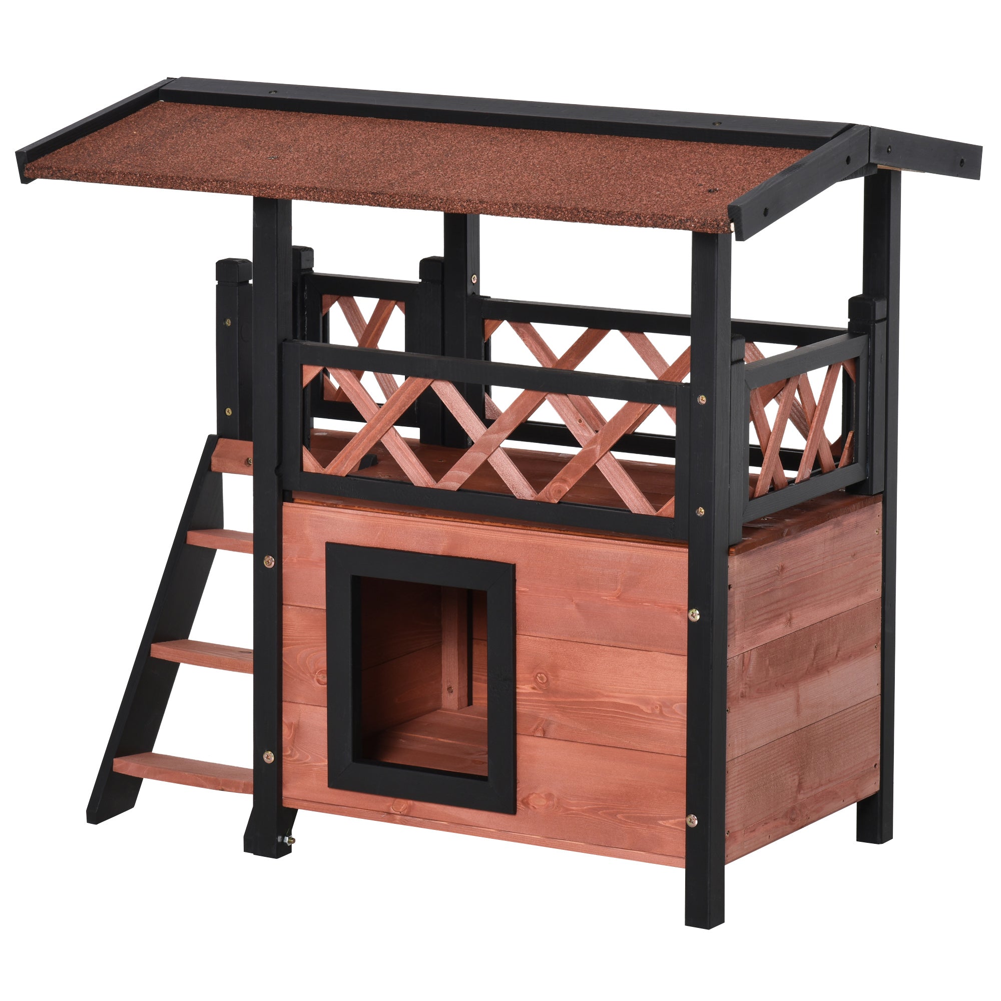 PawHut Wooden Cat House Outdoor Luxury Room Weatherproof Shelter with Balcony and Stair Puppy Garden Large Kennel Brown