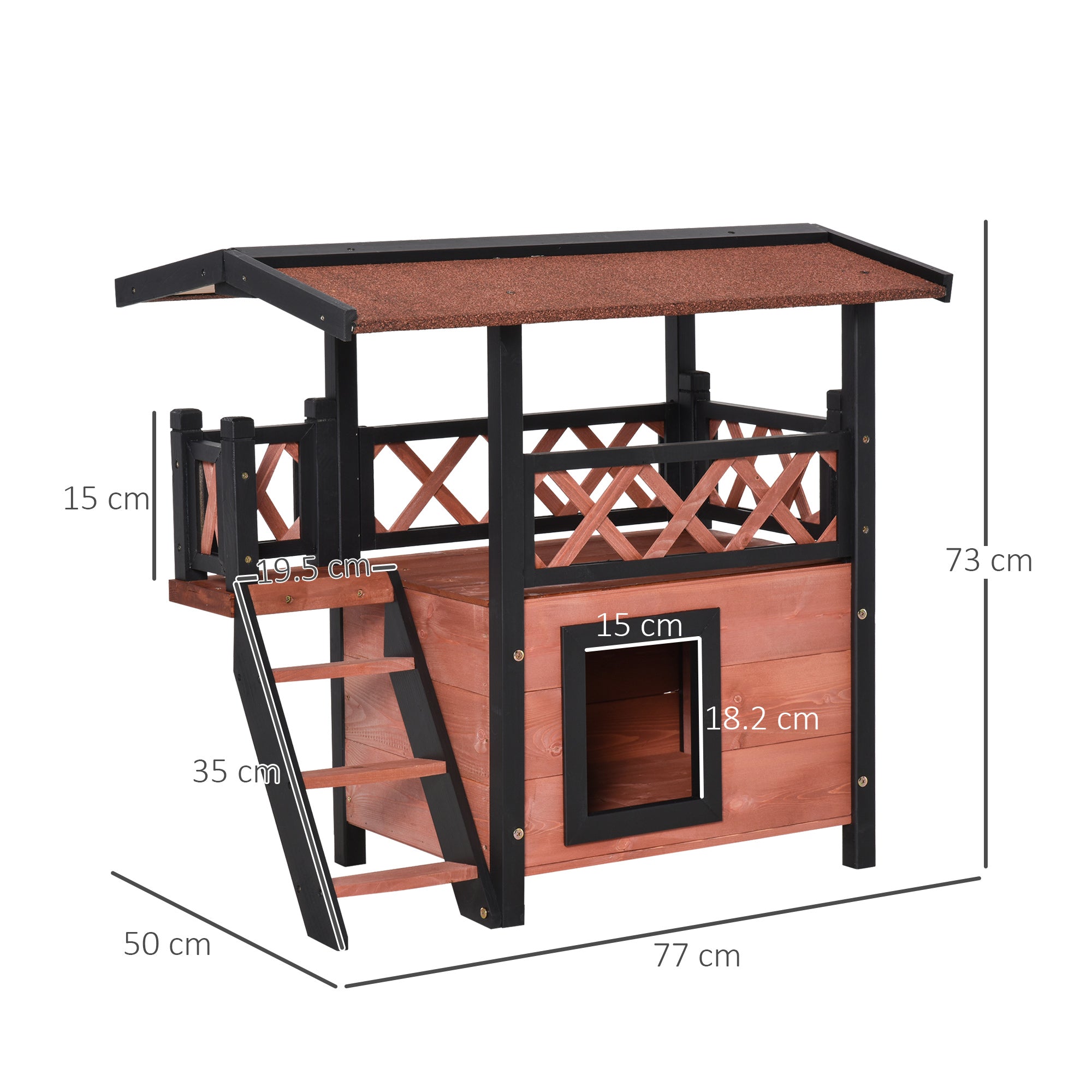 PawHut Wooden Cat House Outdoor Luxury Room Weatherproof Shelter with Balcony and Stair Puppy Garden Large Kennel Brown