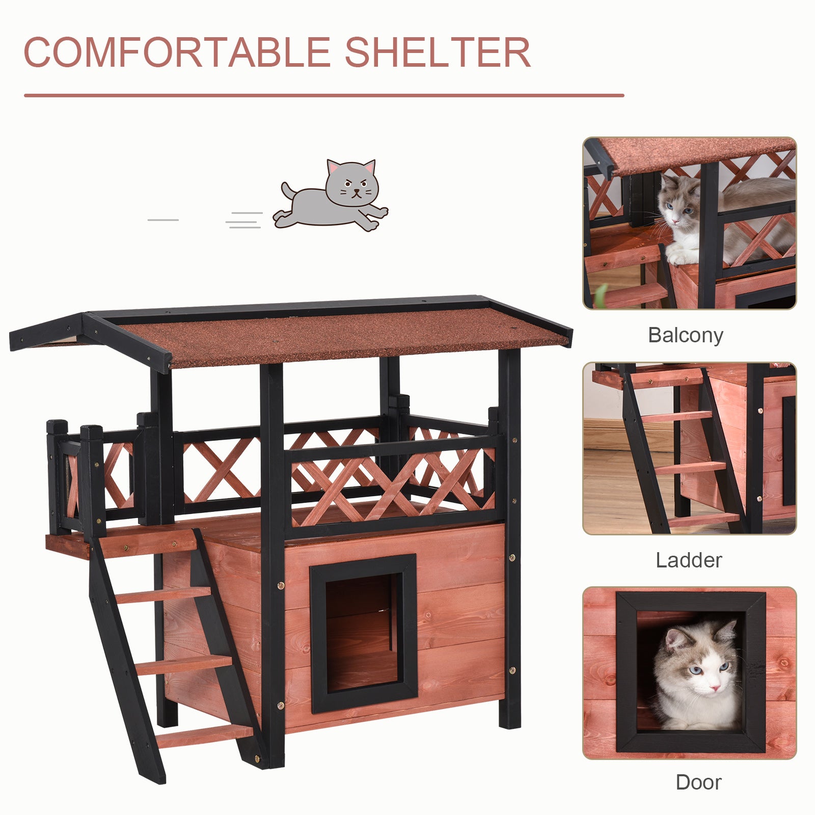 PawHut Wooden Cat House Outdoor Luxury Room Weatherproof Shelter with Balcony and Stair Puppy Garden Large Kennel Brown