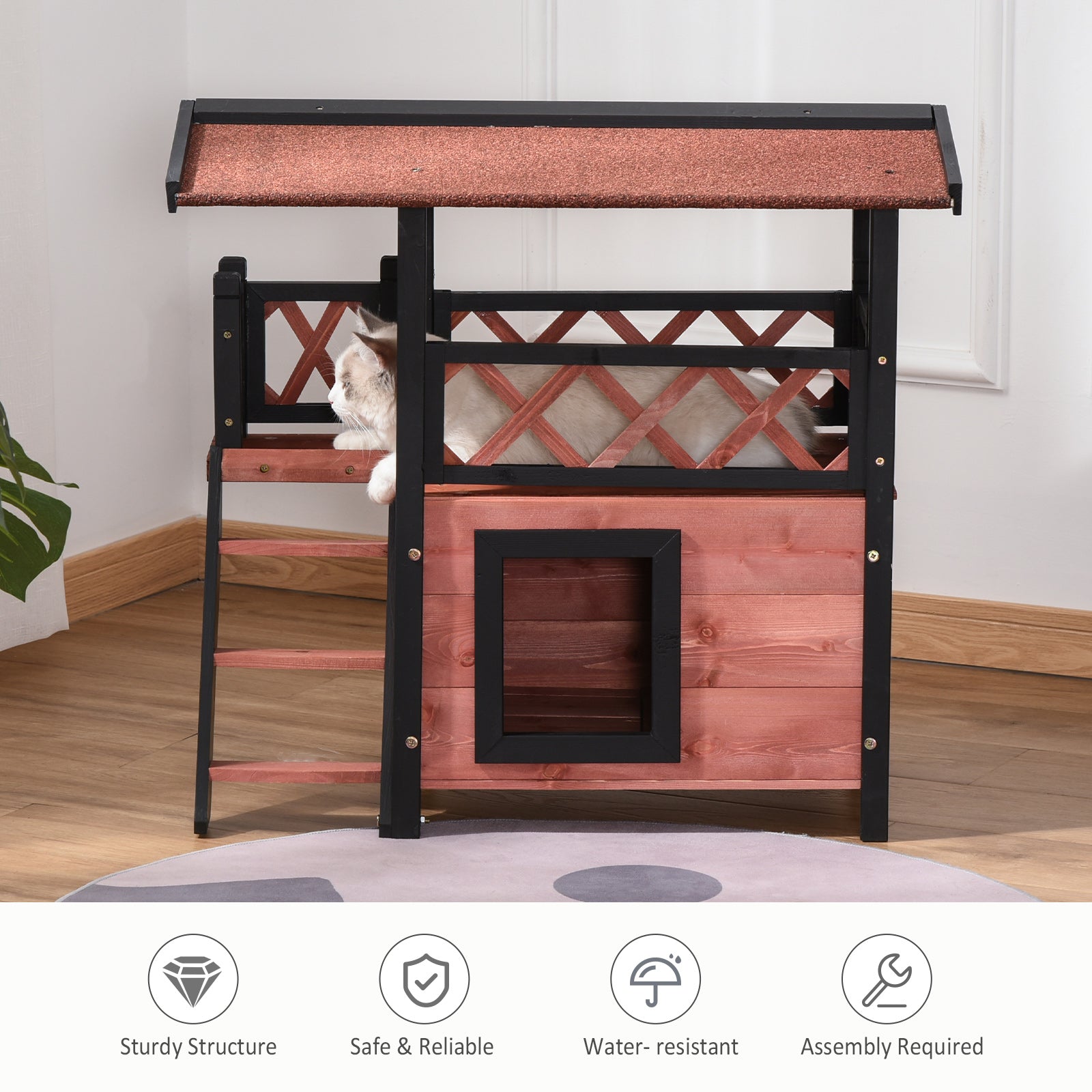 PawHut Wooden Cat House Outdoor Luxury Room Weatherproof Shelter with Balcony and Stair Puppy Garden Large Kennel Brown