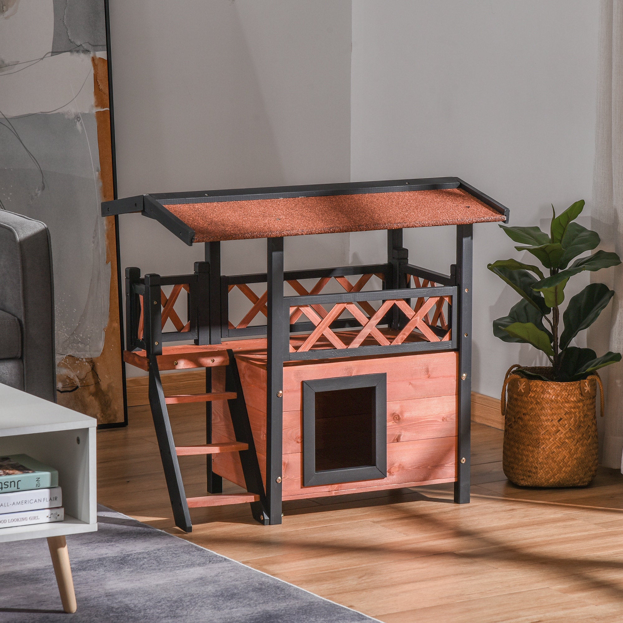 PawHut Wooden Cat House Outdoor Luxury Room Weatherproof Shelter with Balcony and Stair Puppy Garden Large Kennel Brown