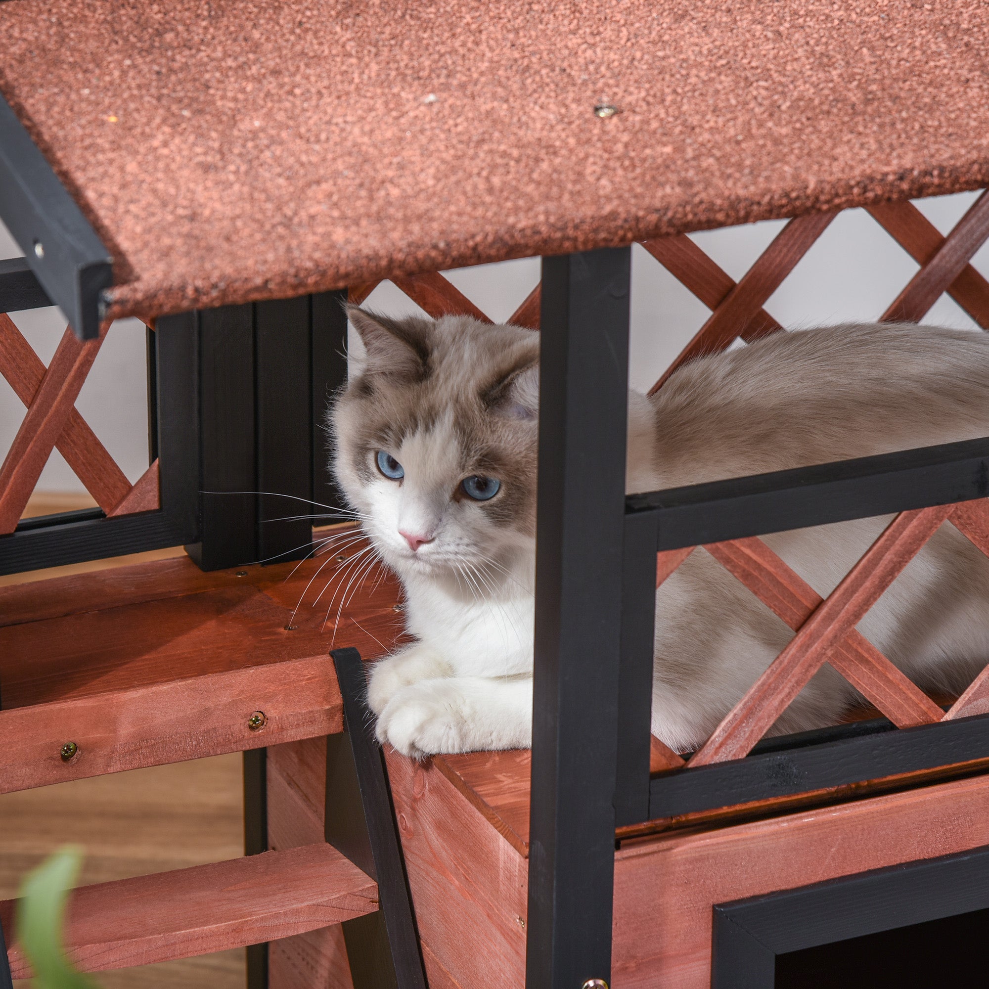 PawHut Wooden Cat House Outdoor Luxury Room Weatherproof Shelter with Balcony and Stair Puppy Garden Large Kennel Brown