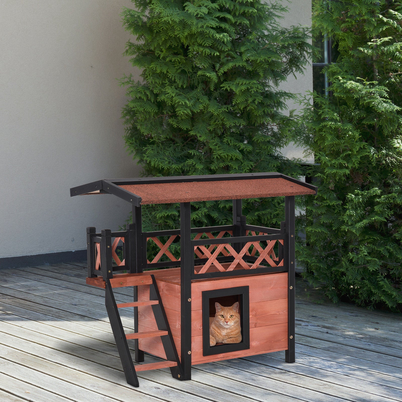 PawHut Wooden Cat House Outdoor Luxury Room Weatherproof Shelter with Balcony and Stair Puppy Garden Large Kennel Brown