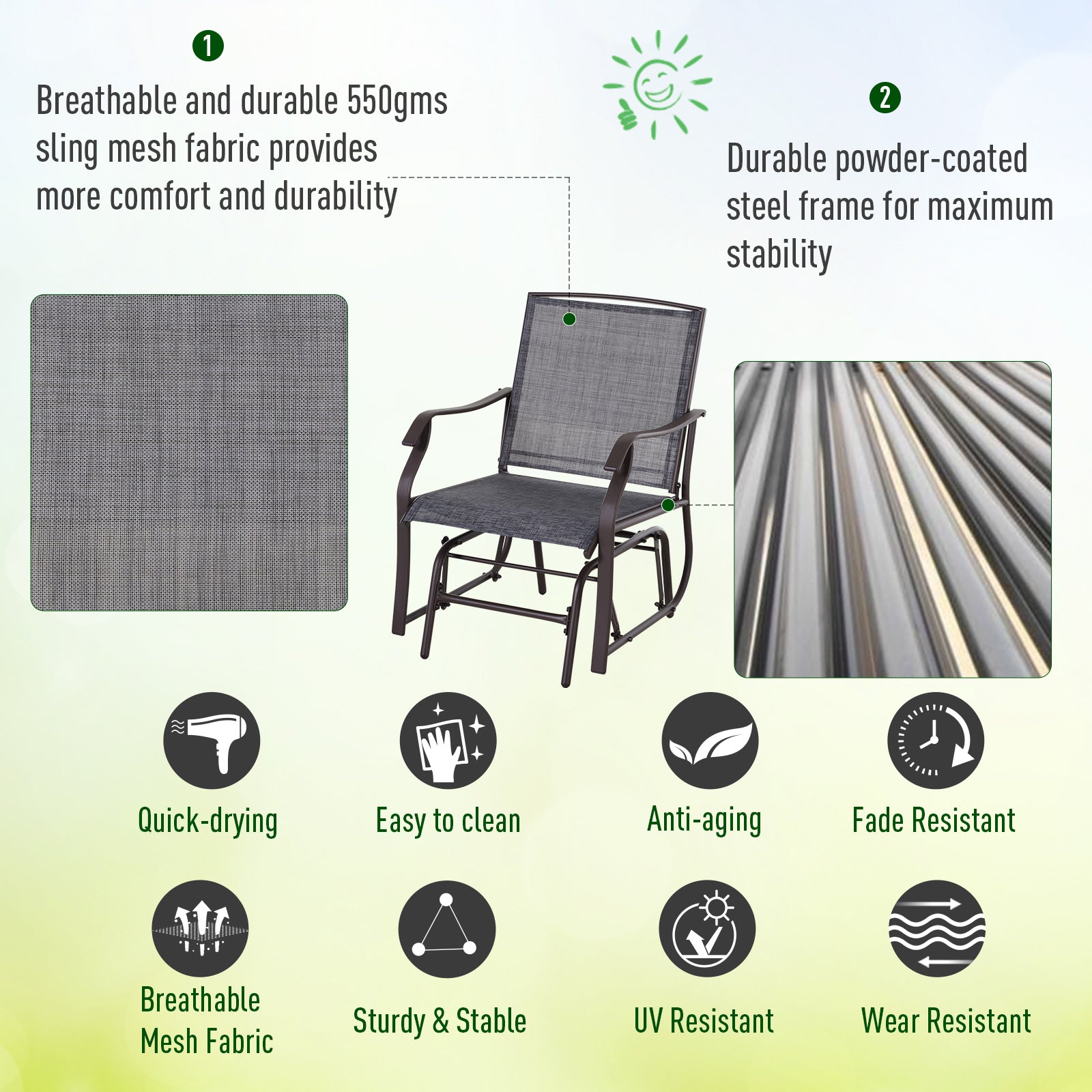 Outsunny 3 Piece Patio Glider Set, Outdoor Gliders with Glass Top Table, Breathable Mesh Seat, or Garden, Country Yard, Porch, Grey