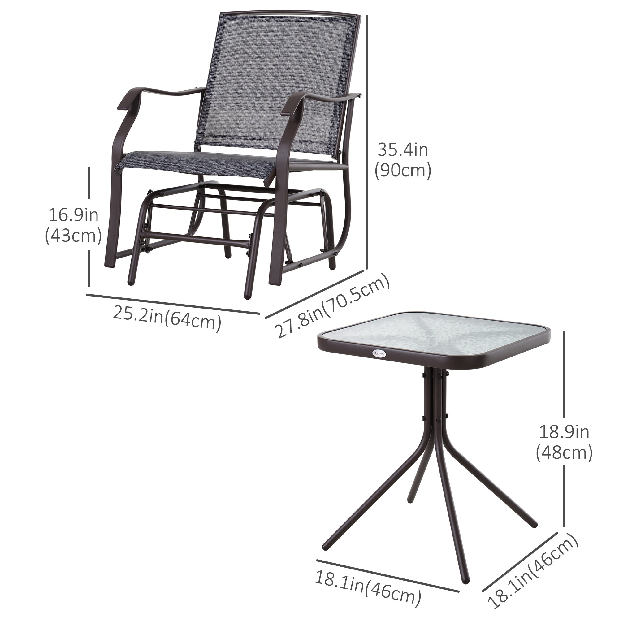 Outsunny 3 Piece Patio Glider Set, Outdoor Gliders with Glass Top Table, Breathable Mesh Seat, or Garden, Country Yard, Porch, Grey