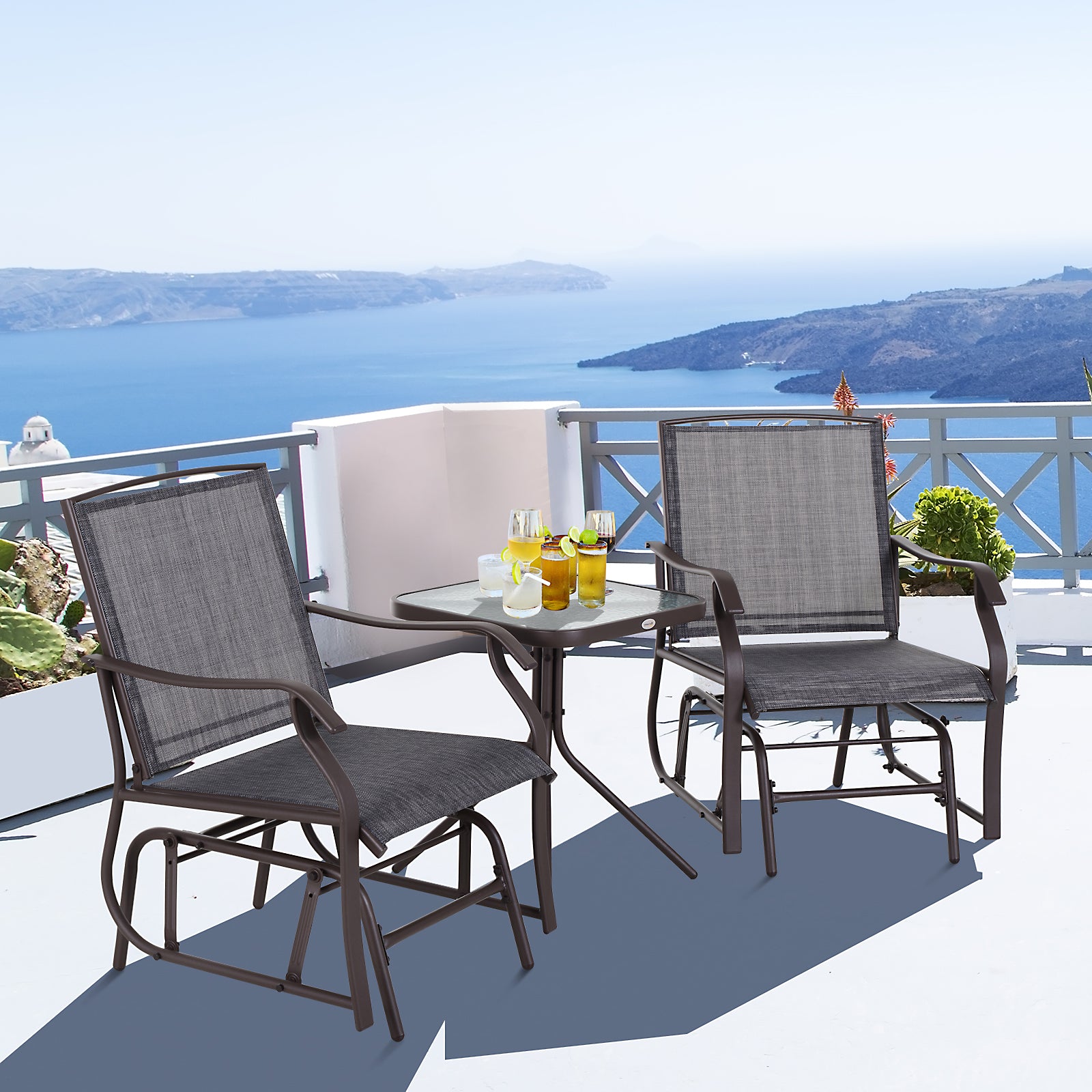 Outsunny 3 Piece Patio Glider Set, Outdoor Gliders with Glass Top Table, Breathable Mesh Seat, or Garden, Country Yard, Porch, Grey