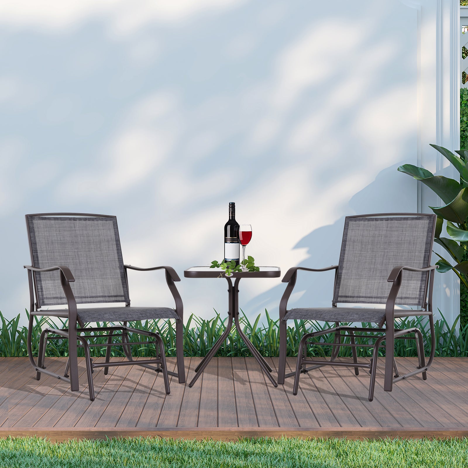 Outsunny 3 Piece Patio Glider Set, Outdoor Gliders with Glass Top Table, Breathable Mesh Seat, or Garden, Country Yard, Porch, Grey