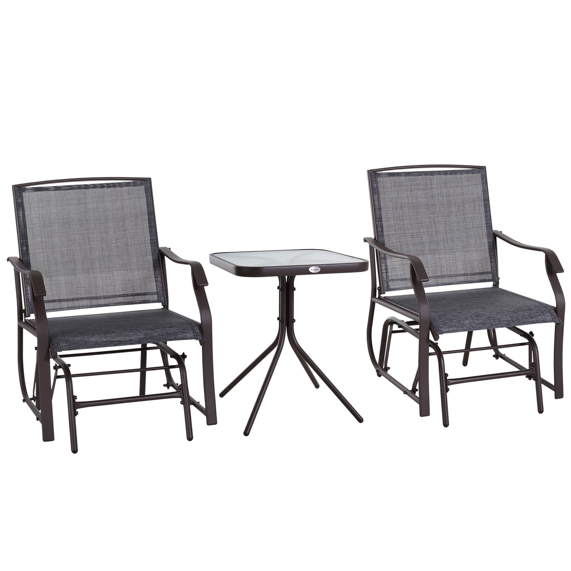 Outsunny 3 Piece Patio Glider Set, Outdoor Gliders with Glass Top Table, Breathable Mesh Seat, or Garden, Country Yard, Porch, Grey