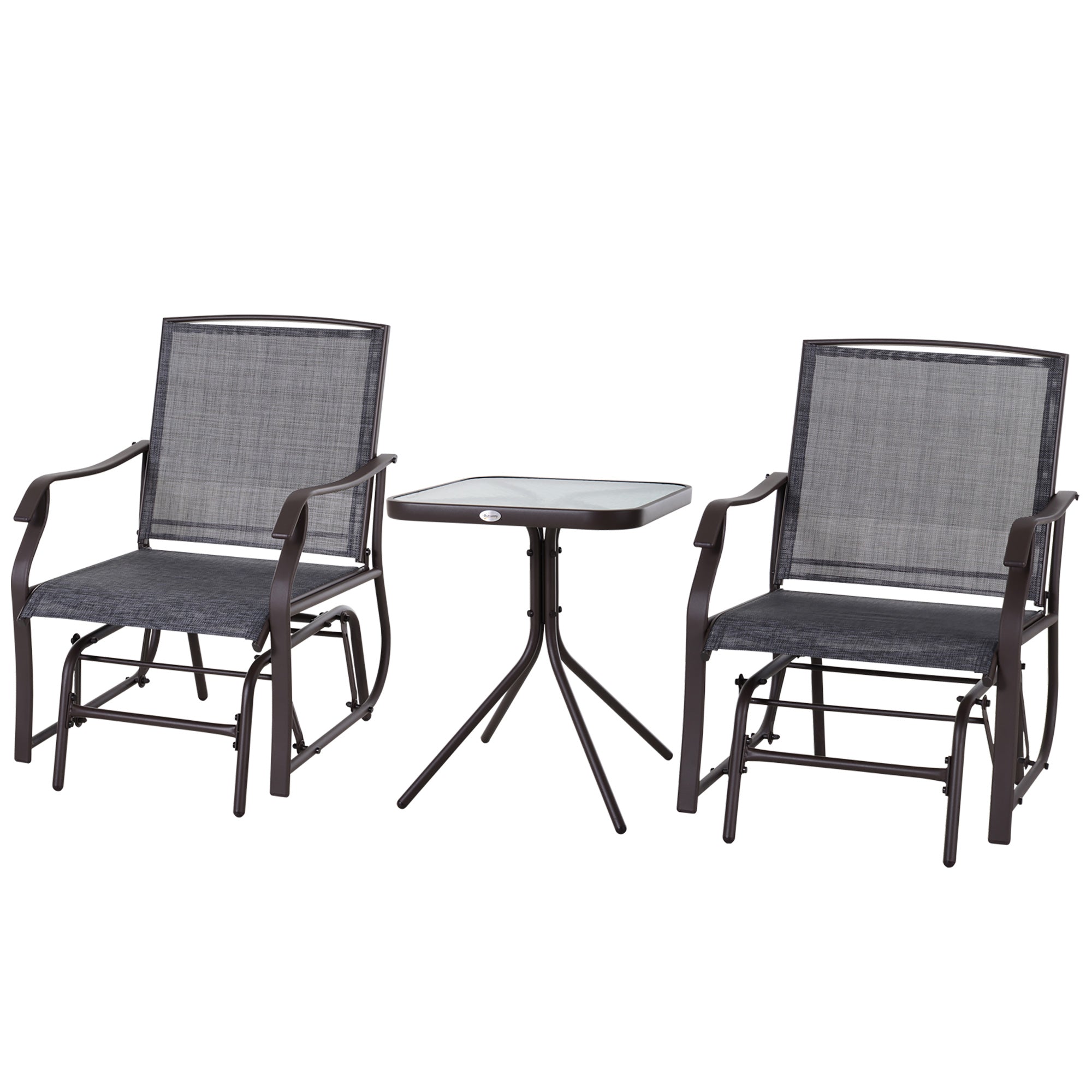 Outsunny 3 Piece Patio Glider Set, Outdoor Gliders with Glass Top Table, Breathable Mesh Seat, or Garden, Country Yard, Porch, Grey