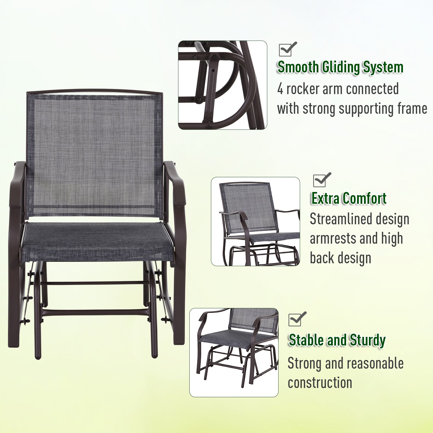Outsunny 3 Piece Patio Glider Set, Outdoor Gliders with Glass Top Table, Breathable Mesh Seat, or Garden, Country Yard, Porch, Grey