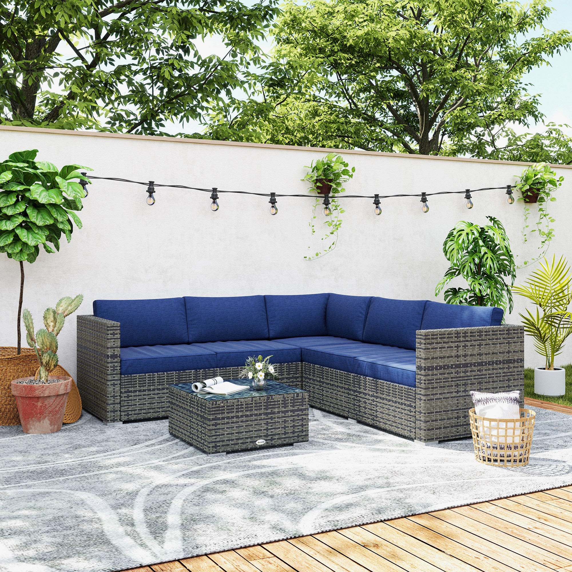 Outsunny 4 Pieces Garden Rattan Furniture Set, Wicker Patio Furniture Outdoor Conversation Set with Corner Sofa Loveseats Coffee Table Cushions for Backyard Pool, Navy Blue