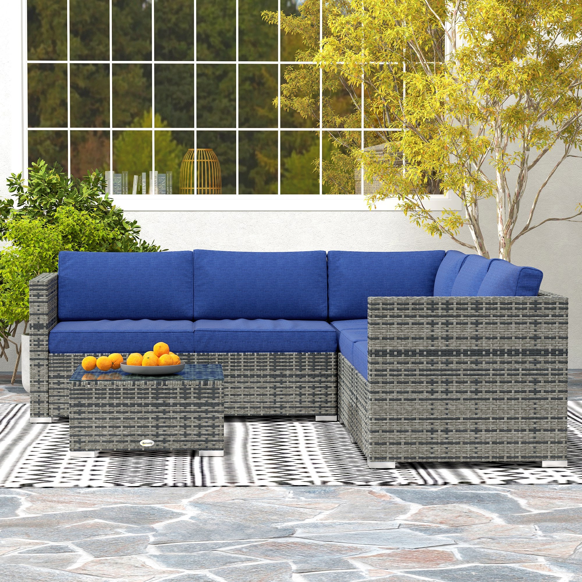 Outsunny 4 Pieces Garden Rattan Furniture Set, Wicker Patio Furniture Outdoor Conversation Set with Corner Sofa Loveseats Coffee Table Cushions for Backyard Pool, Navy Blue