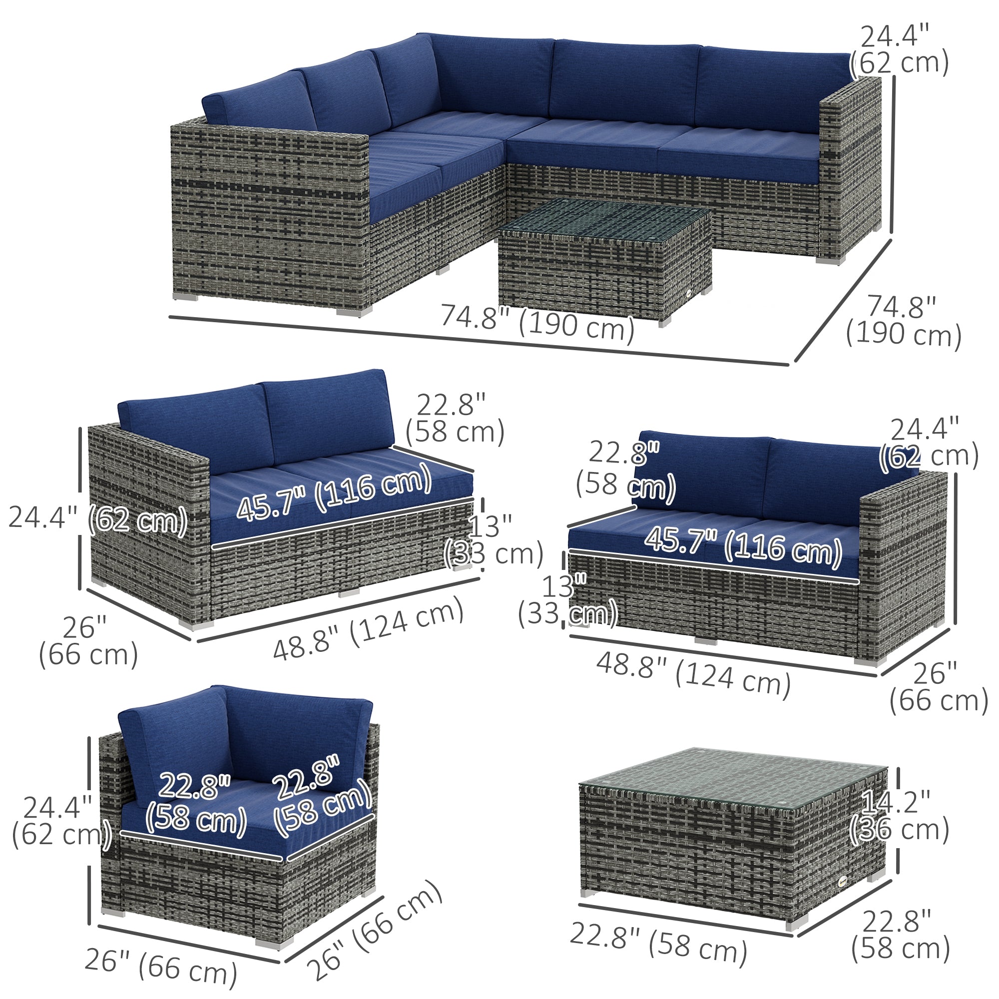 Outsunny 4 Pieces Garden Rattan Furniture Set, Wicker Patio Furniture Outdoor Conversation Set with Corner Sofa Loveseats Coffee Table Cushions for Backyard Pool, Navy Blue