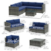 Outsunny 4 Pieces Garden Rattan Furniture Set, Wicker Patio Furniture Outdoor Conversation Set with Corner Sofa Loveseats Coffee Table Cushions for Backyard Pool, Navy Blue