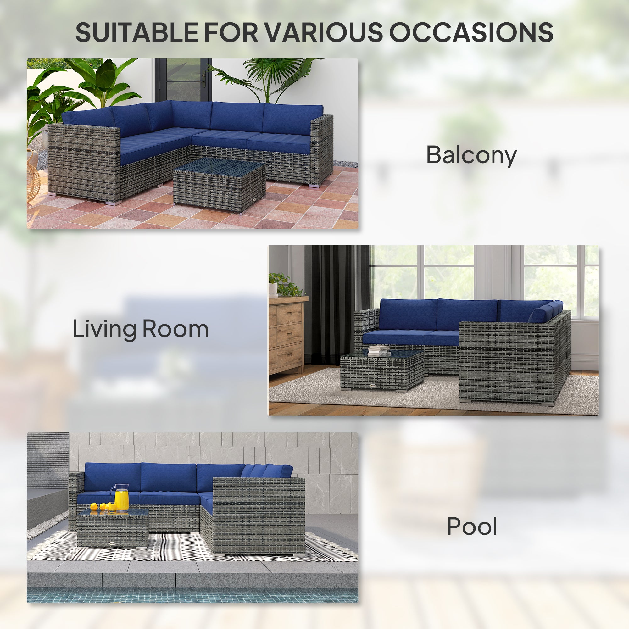 Outsunny 4 Pieces Garden Rattan Furniture Set, Wicker Patio Furniture Outdoor Conversation Set with Corner Sofa Loveseats Coffee Table Cushions for Backyard Pool, Navy Blue