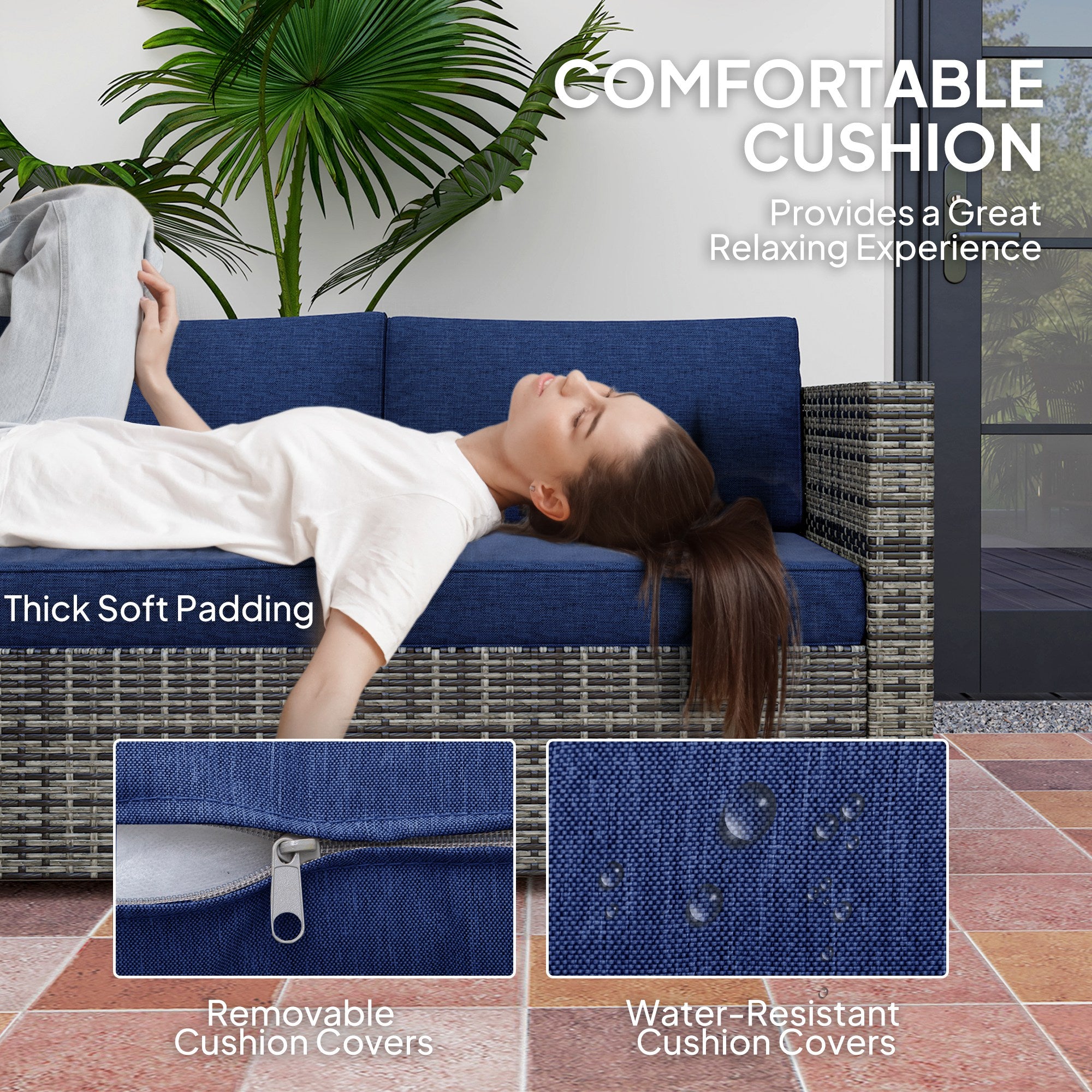 Outsunny 4 Pieces Garden Rattan Furniture Set, Wicker Patio Furniture Outdoor Conversation Set with Corner Sofa Loveseats Coffee Table Cushions for Backyard Pool, Navy Blue
