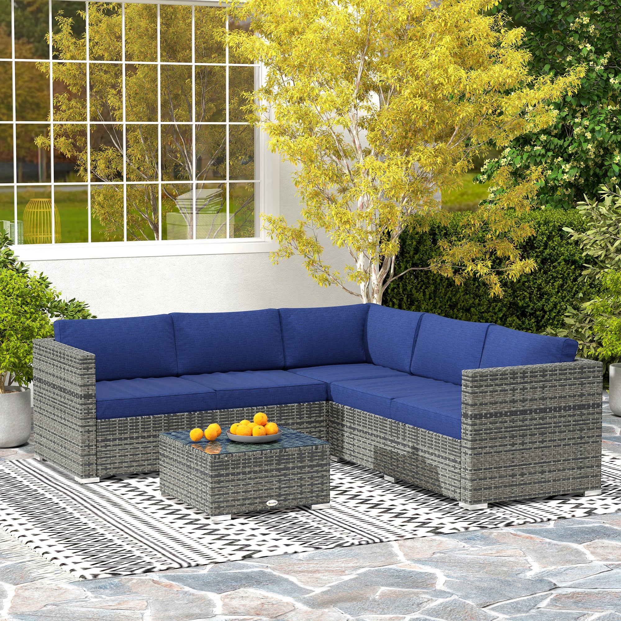 Outsunny 4 Pieces Garden Rattan Furniture Set, Wicker Patio Furniture Outdoor Conversation Set with Corner Sofa Loveseats Coffee Table Cushions for Backyard Pool, Navy Blue