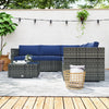 Outsunny 4 Pieces Garden Rattan Furniture Set, Wicker Patio Furniture Outdoor Conversation Set with Corner Sofa Loveseats Coffee Table Cushions for Backyard Pool, Navy Blue