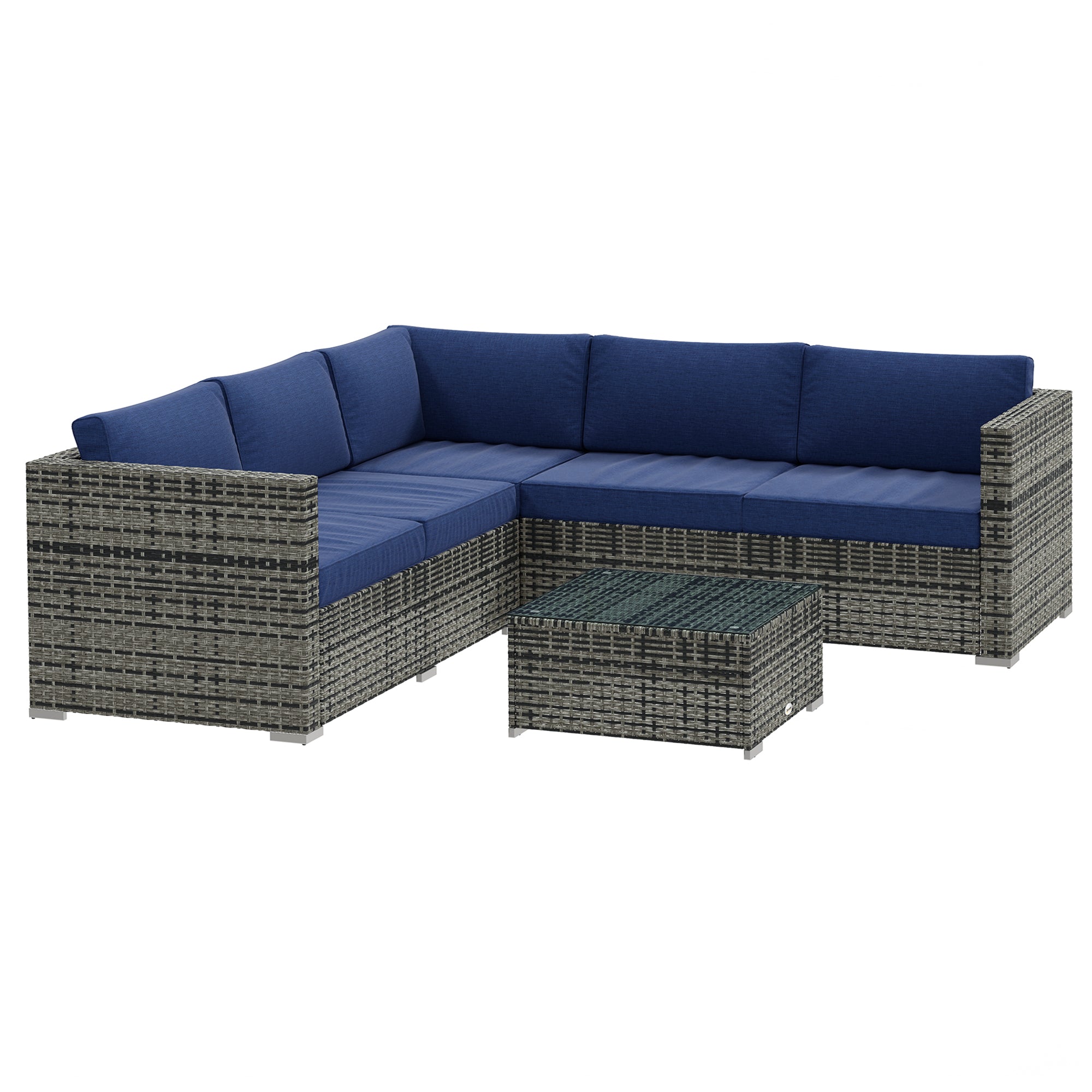 Outsunny 4 Pieces Garden Rattan Furniture Set, Wicker Patio Furniture Outdoor Conversation Set with Corner Sofa Loveseats Coffee Table Cushions for Backyard Pool, Navy Blue