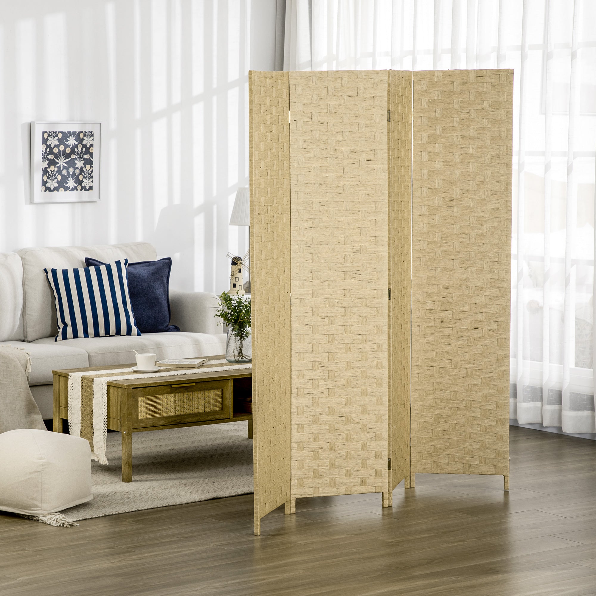 HOMCOM 5.6 Ft. Tall 4-Panel Room Divider, Paper Panel Freestanding Folding Privacy Screen Panels, Partition Wall Divider for Indoor Bedroom Office
