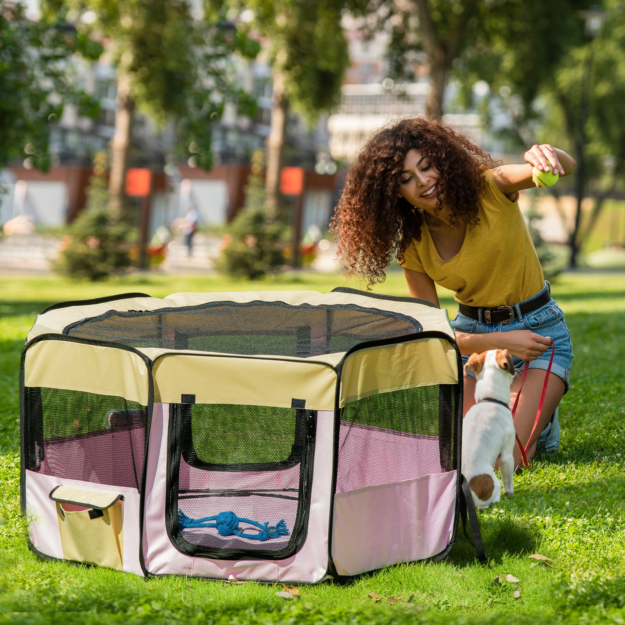 PawHut Fabric Pet Dog Cat Puppy Playpen, Rabbit Guinea Pig Play Pen Portable Foldable, Hexagon, M