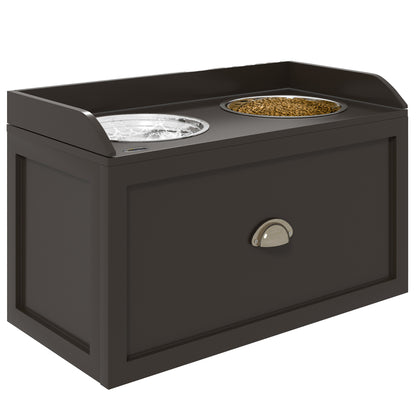 PawHut Elevated Dog Bowls for Large Dogs, Raised Pet Feeding Station with 2 Stainless Steel Bowls, Hidden Storage Drawer, Wood Stand for Cats, Coffee
