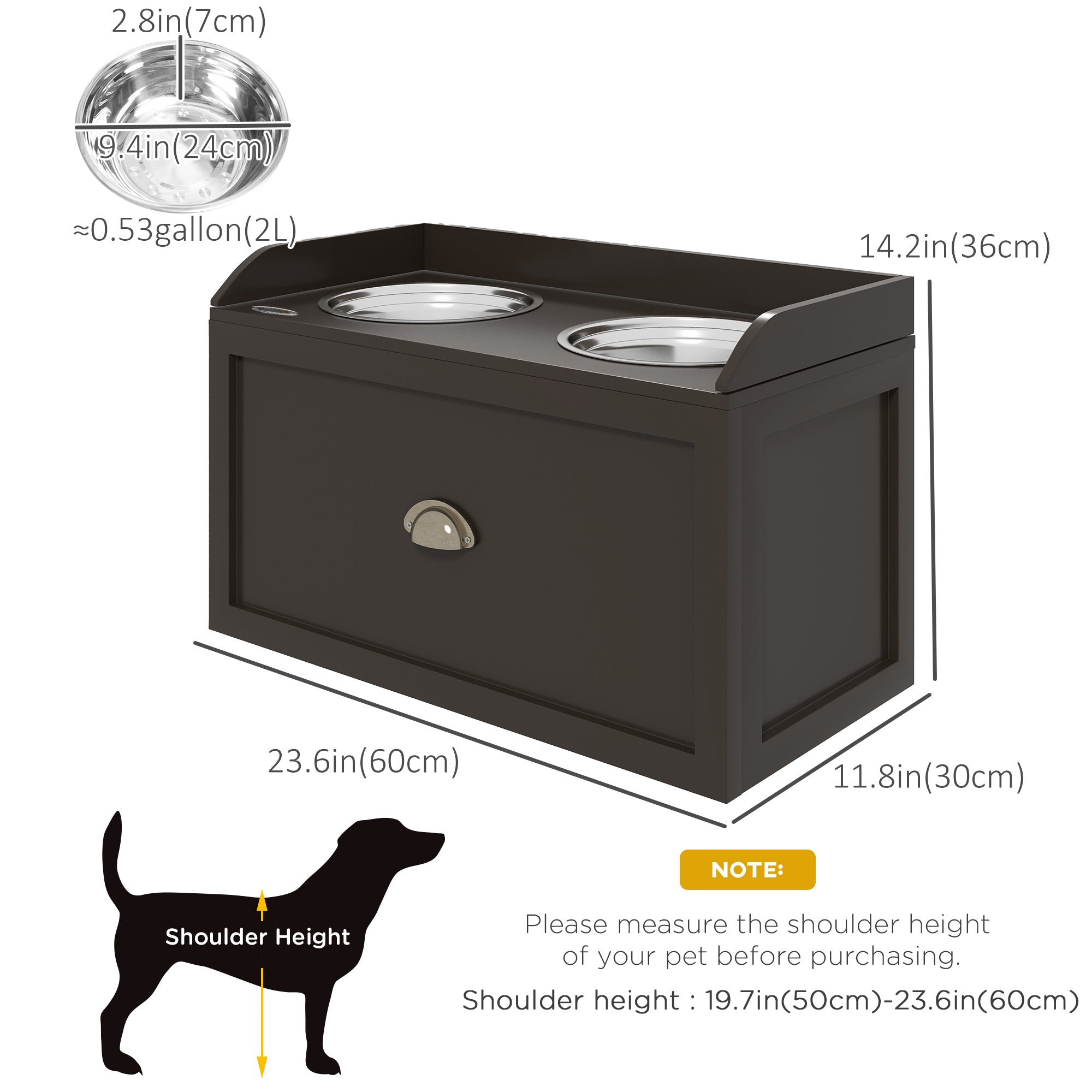 PawHut Elevated Dog Bowls for Large Dogs, Raised Pet Feeding Station with 2 Stainless Steel Bowls, Hidden Storage Drawer, Wood Stand for Cats, Coffee