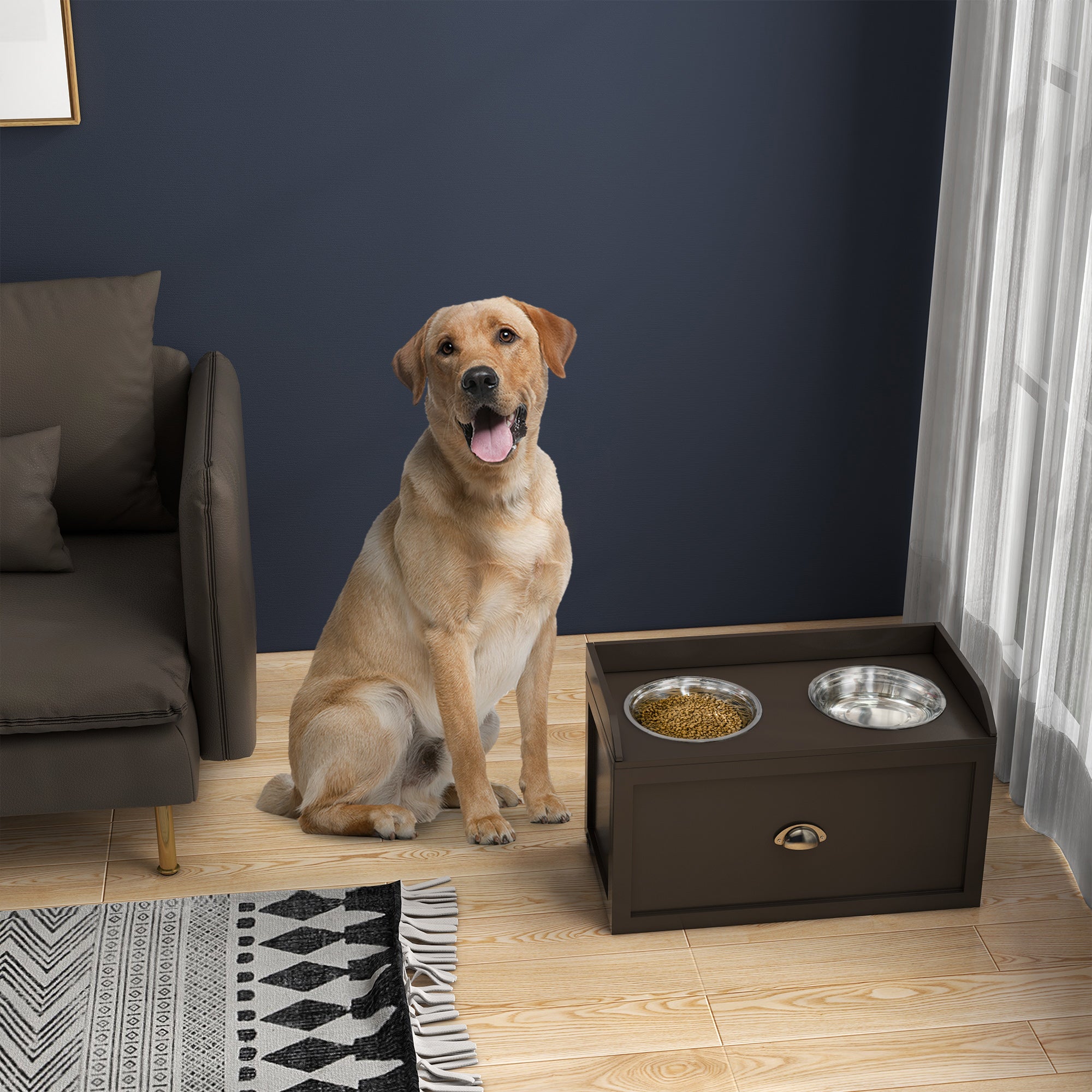 PawHut Elevated Dog Bowls for Large Dogs, Raised Pet Feeding Station with 2 Stainless Steel Bowls, Hidden Storage Drawer, Wood Stand for Cats, Coffee