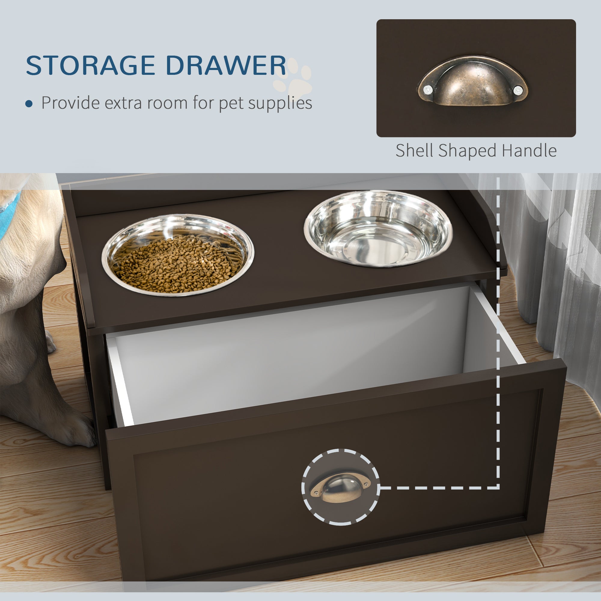 PawHut Elevated Dog Bowls for Large Dogs, Raised Pet Feeding Station with 2 Stainless Steel Bowls, Hidden Storage Drawer, Wood Stand for Cats, Coffee