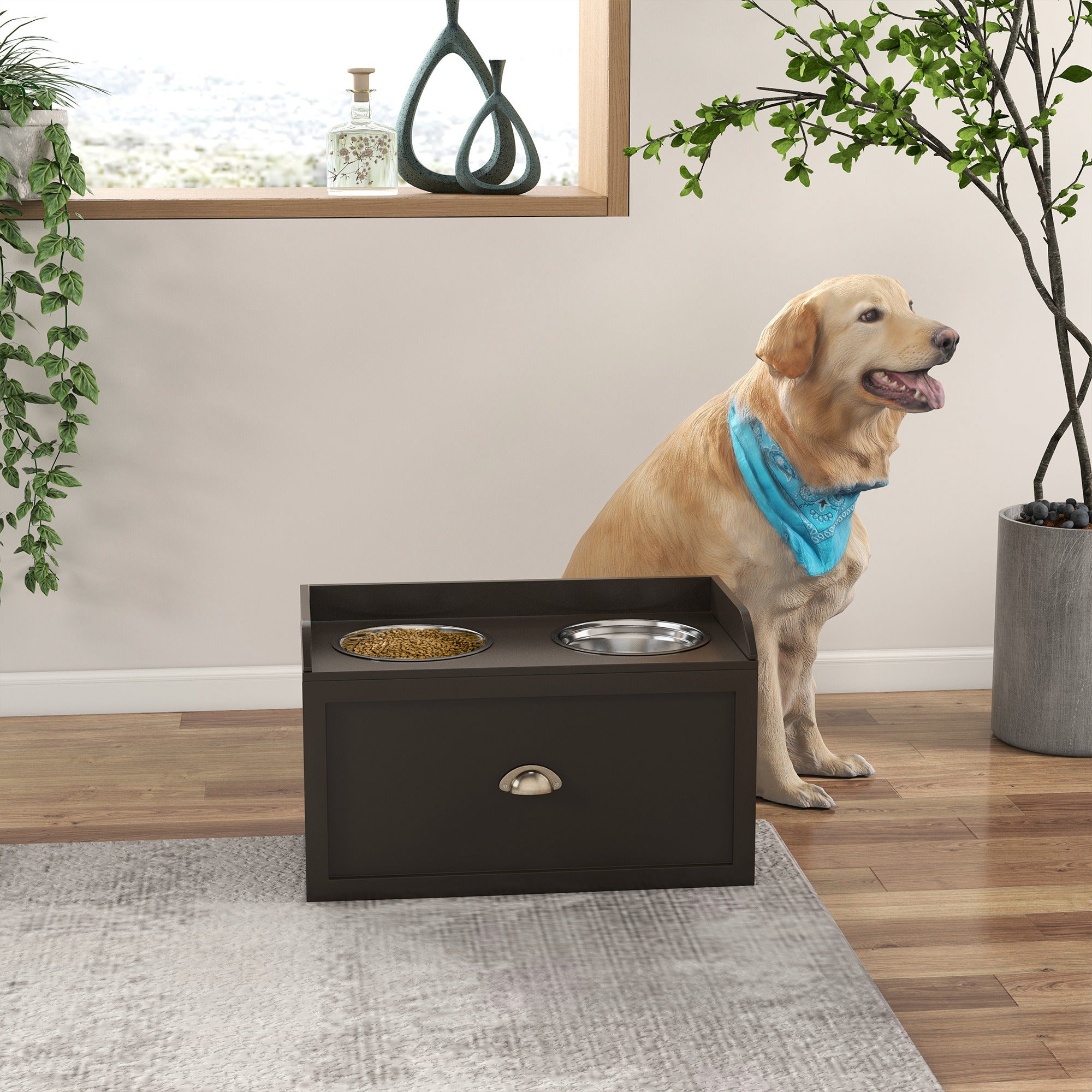 PawHut Stainless Steel Raised Dog Bowls, Double Dog Food and Water Bowl w/ 21L Storage Drawer, for Large Dogs - Brown