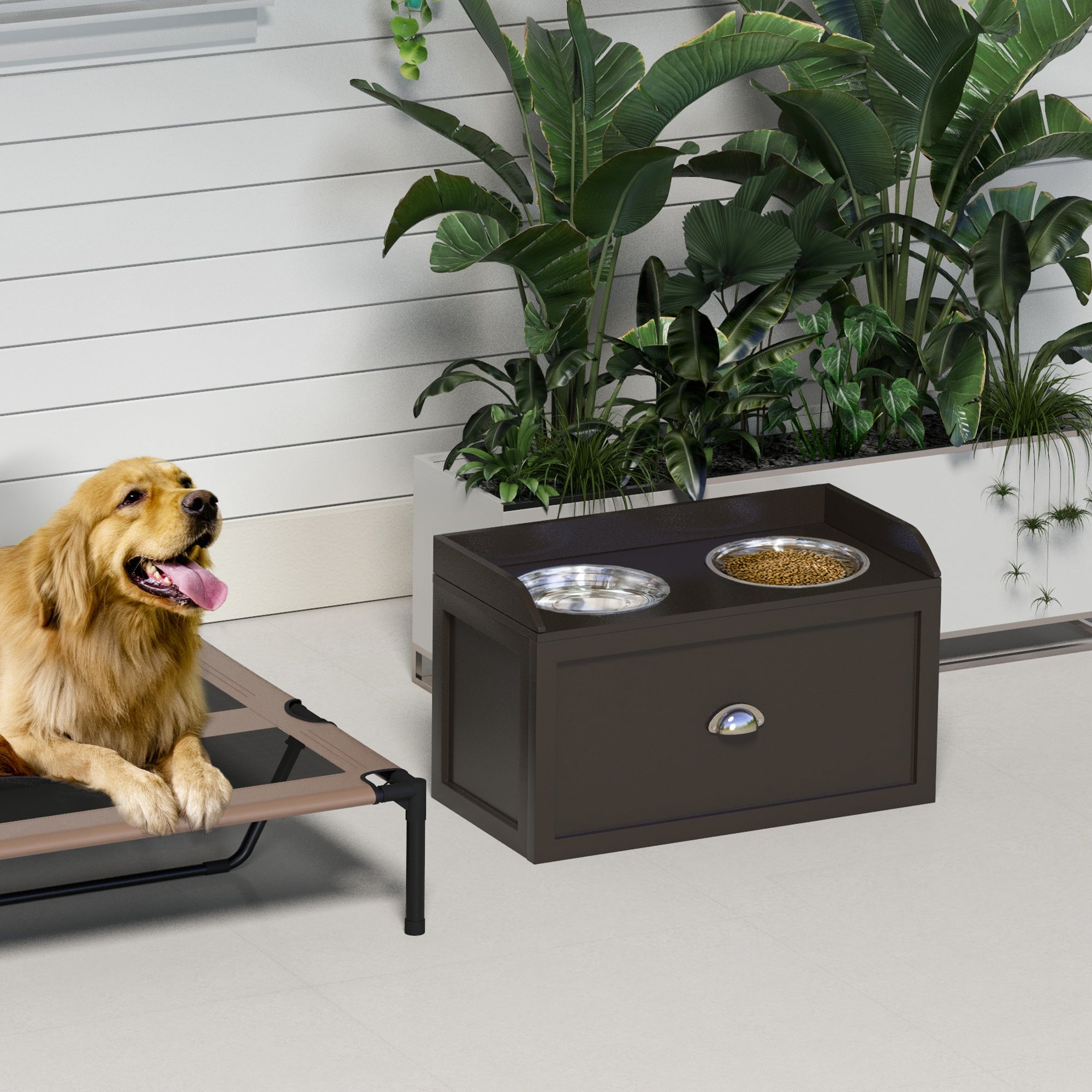 PawHut Elevated Dog Bowls for Large Dogs, Raised Pet Feeding Station with 2 Stainless Steel Bowls, Hidden Storage Drawer, Wood Stand for Cats, Coffee