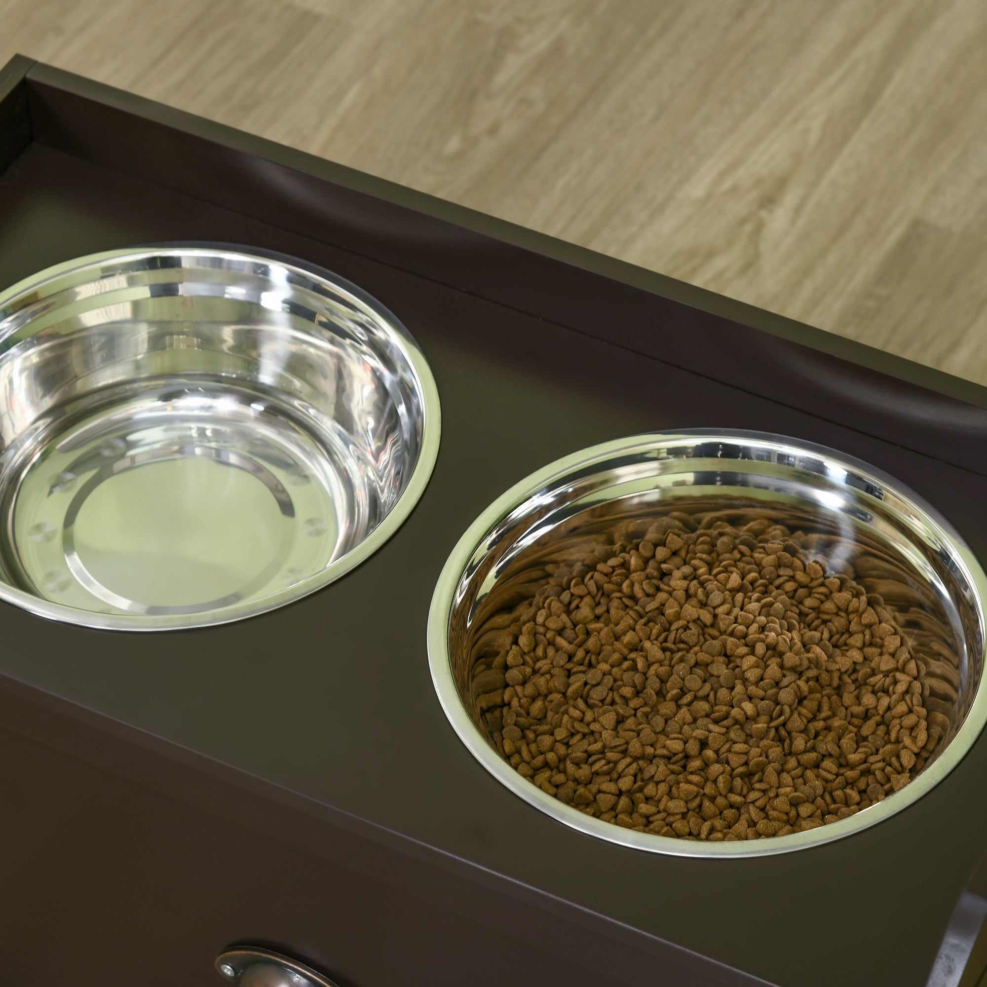 PawHut Elevated Dog Bowls for Large Dogs, Raised Pet Feeding Station with 2 Stainless Steel Bowls, Hidden Storage Drawer, Wood Stand for Cats, Coffee