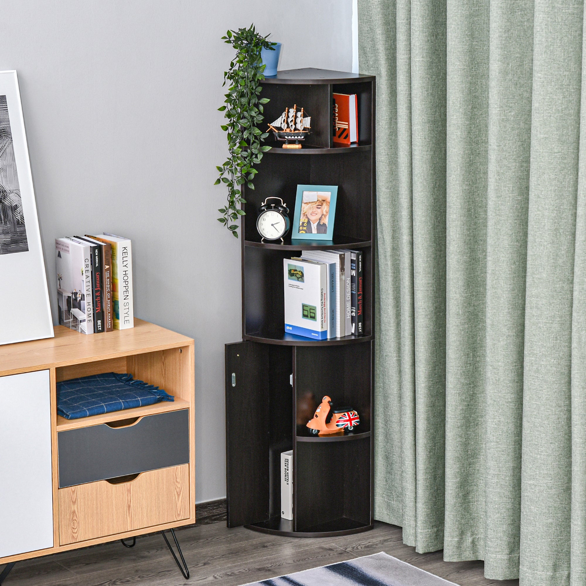 HOMCOM 5-Tier Corner Bookcase, Storage Bookshelf, Freestanding Display Shelves with Open Compartments and Cabinet for Home Office, Living Room, Study, Black