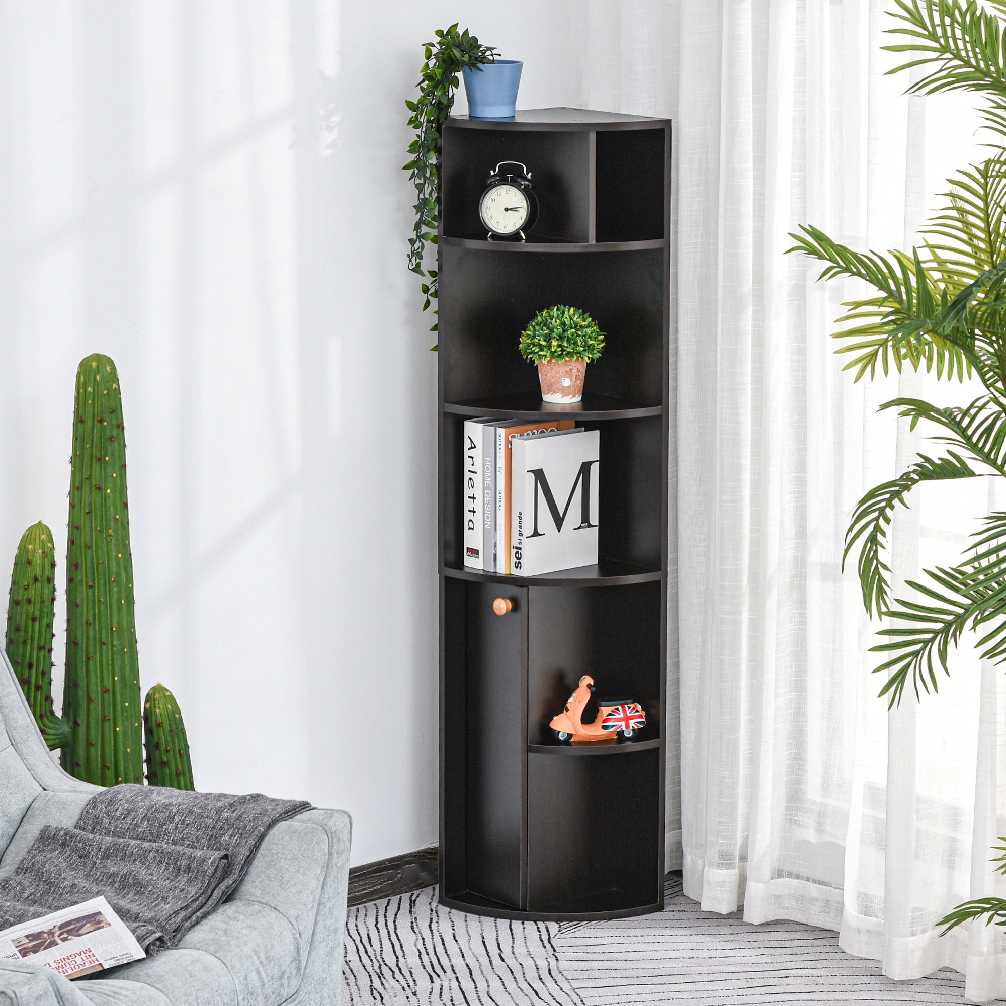 HOMCOM 5-Tier Corner Bookcase, Storage Bookshelf, Freestanding Display Shelves with Open Compartments and Cabinet for Home Office, Living Room, Study, Black