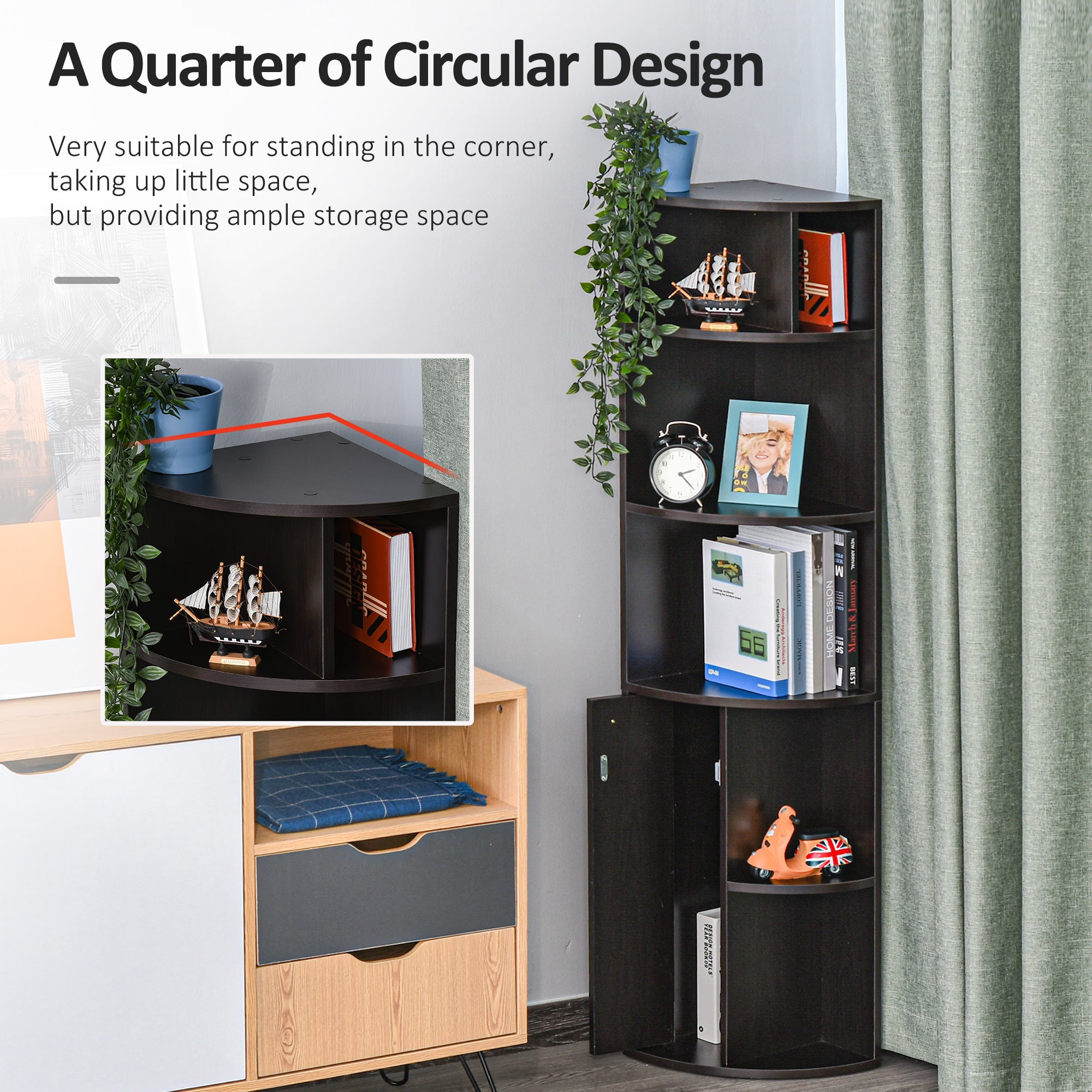 HOMCOM 5-Tier Corner Bookcase, Storage Bookshelf, Freestanding Display Shelves with Open Compartments and Cabinet for Home Office, Living Room, Study, Black