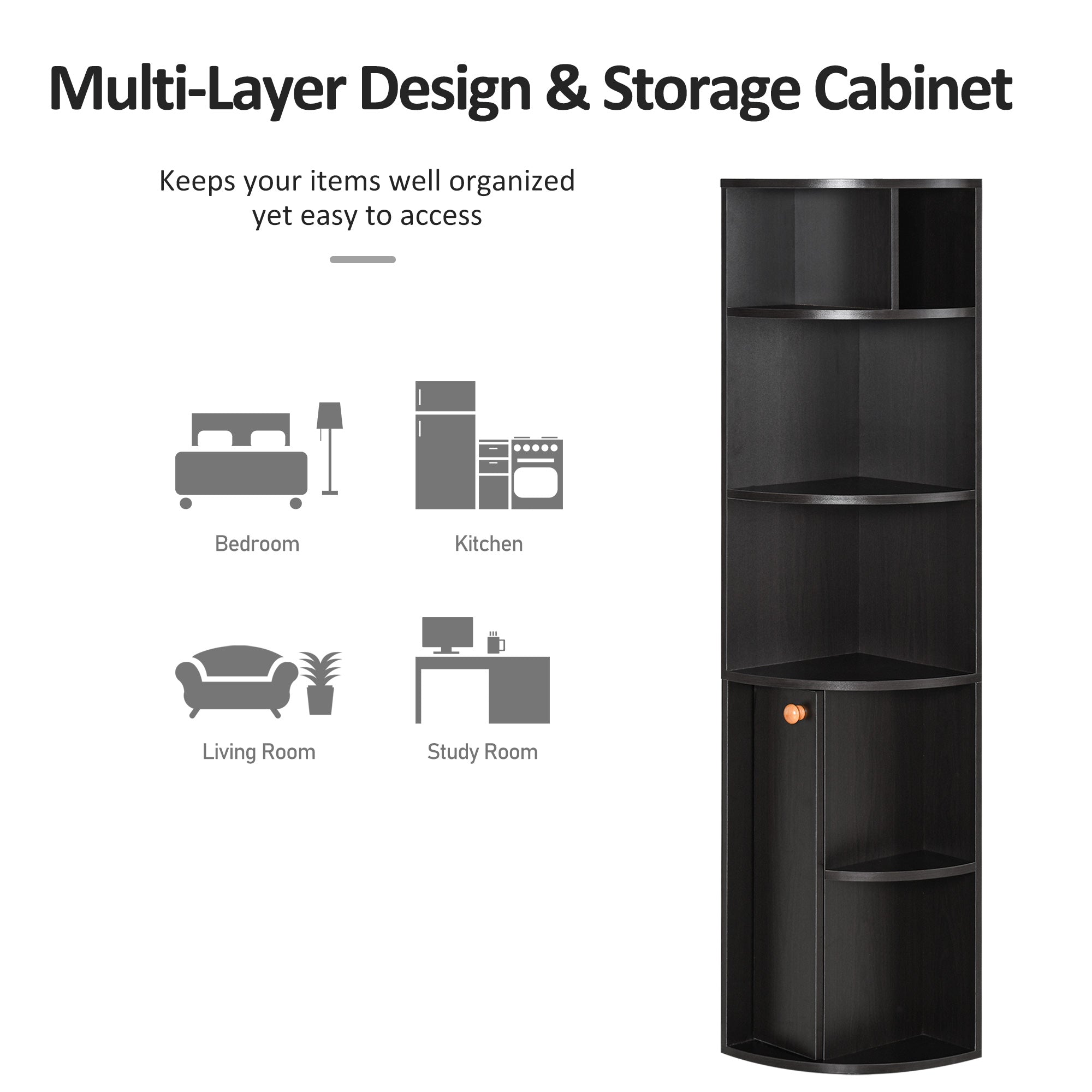 HOMCOM 5-Tier Corner Bookcase, Storage Bookshelf, Freestanding Display Shelves with Open Compartments and Cabinet for Home Office, Living Room, Study, Black