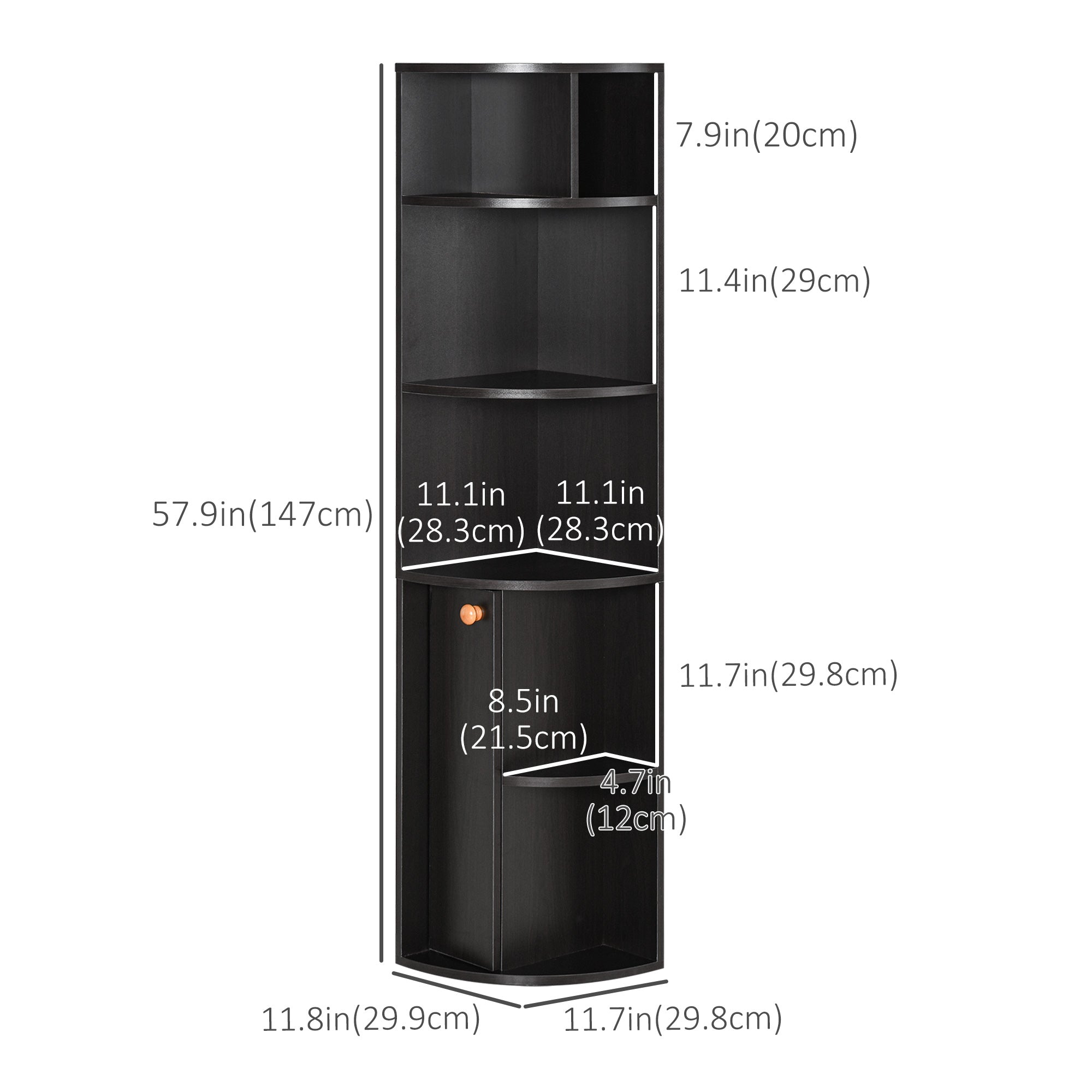 HOMCOM 5-Tier Corner Bookcase, Storage Bookshelf, Freestanding Display Shelves with Open Compartments and Cabinet for Home Office, Living Room, Study, Black