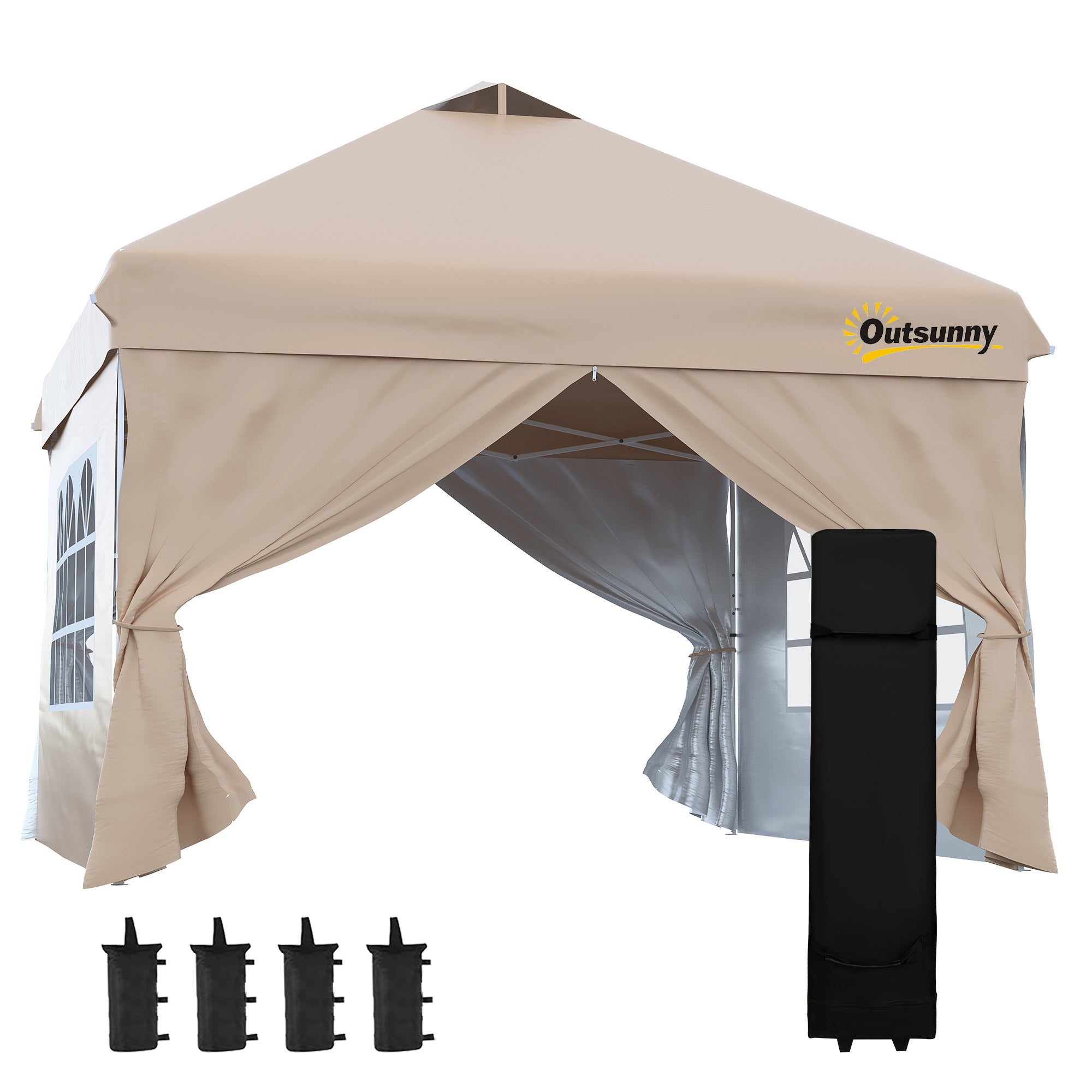 Outsunny 10' x 10' Pop Up Canopy Tent, Instant Sun Shelter, Tents for Parties, with Wheeled Carry Bag, for Outdoor, Garden, Patio, Beige