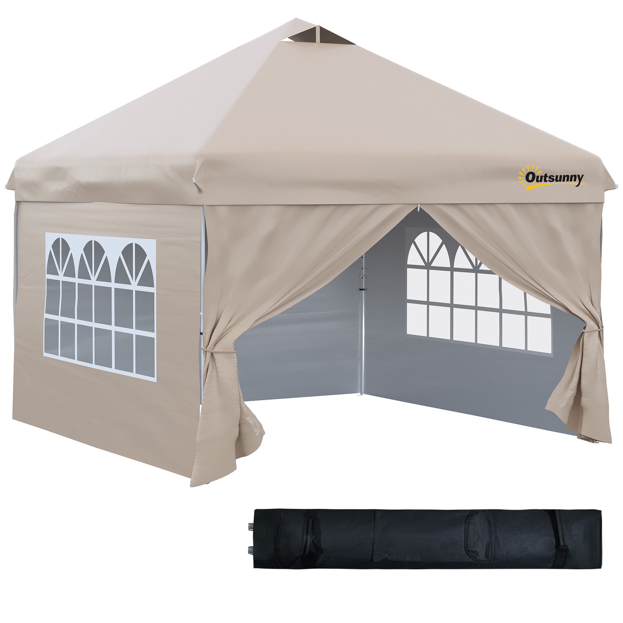 Outsunny 10' x 10' Pop Up Canopy Tent, Instant Sun Shelter, Tents for Parties, with Wheeled Carry Bag, for Outdoor, Garden, Patio, Beige