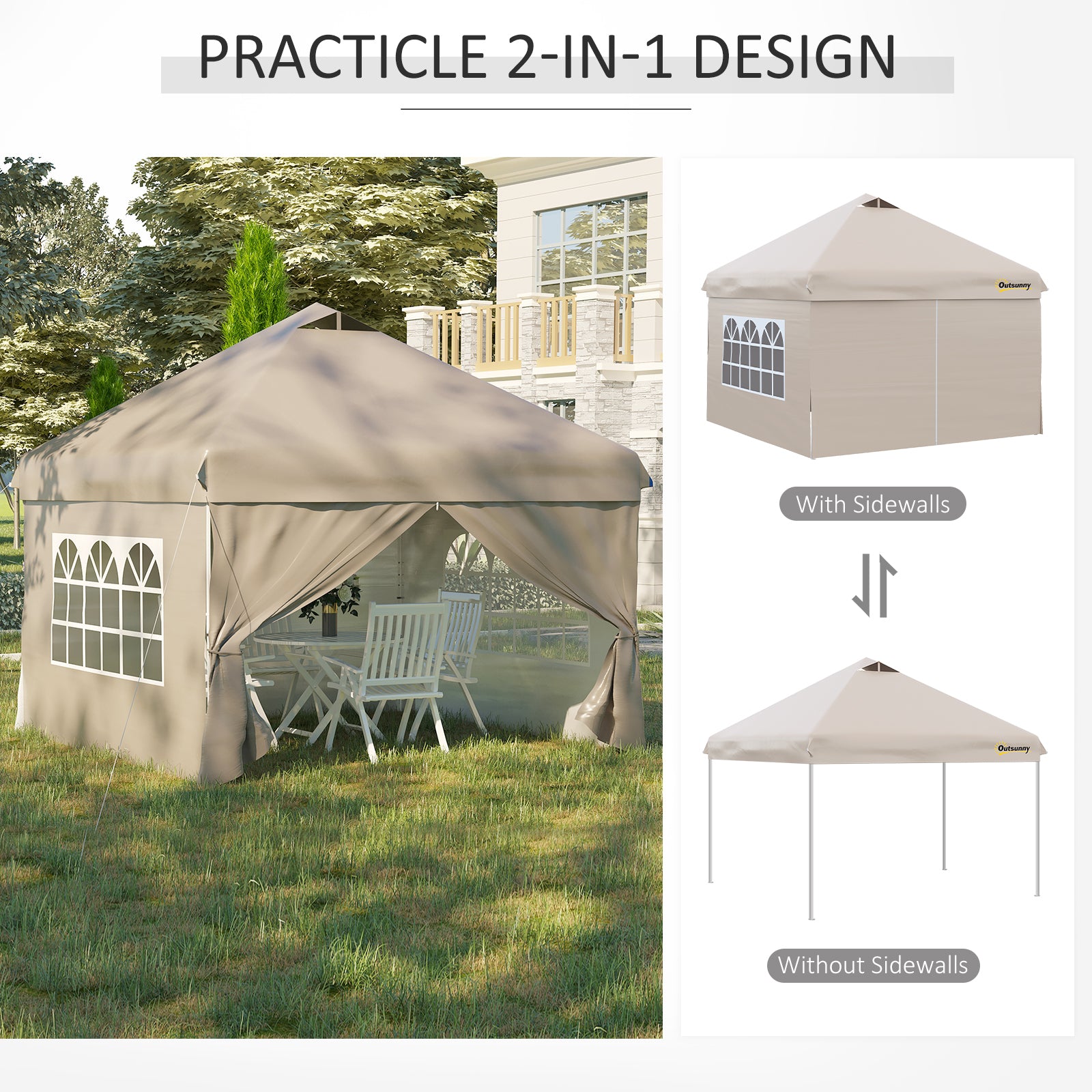 Outsunny 10' x 10' Pop Up Canopy Tent, Instant Sun Shelter, Tents for Parties, with Wheeled Carry Bag, for Outdoor, Garden, Patio, Beige